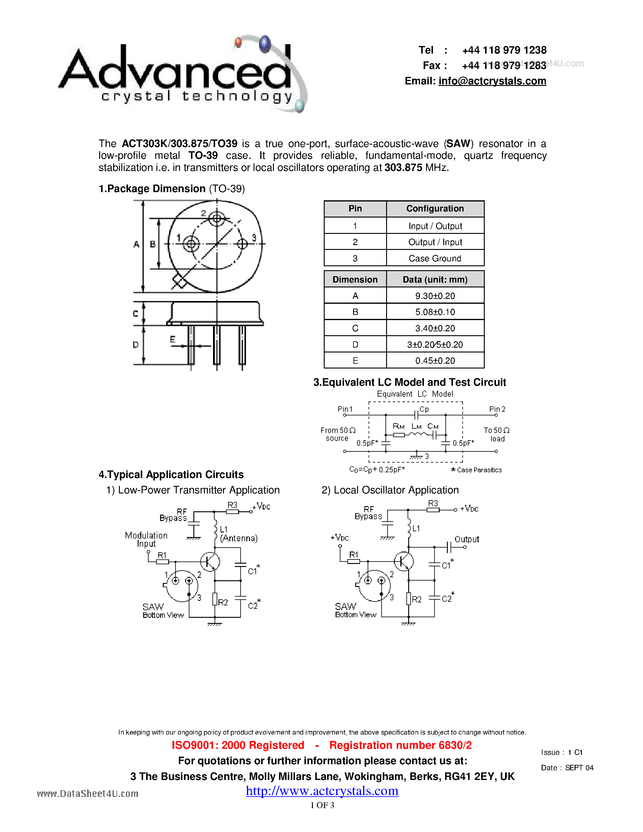Datasheet ACT303K - surface-acoustic-wave (SAW) resonator page 1