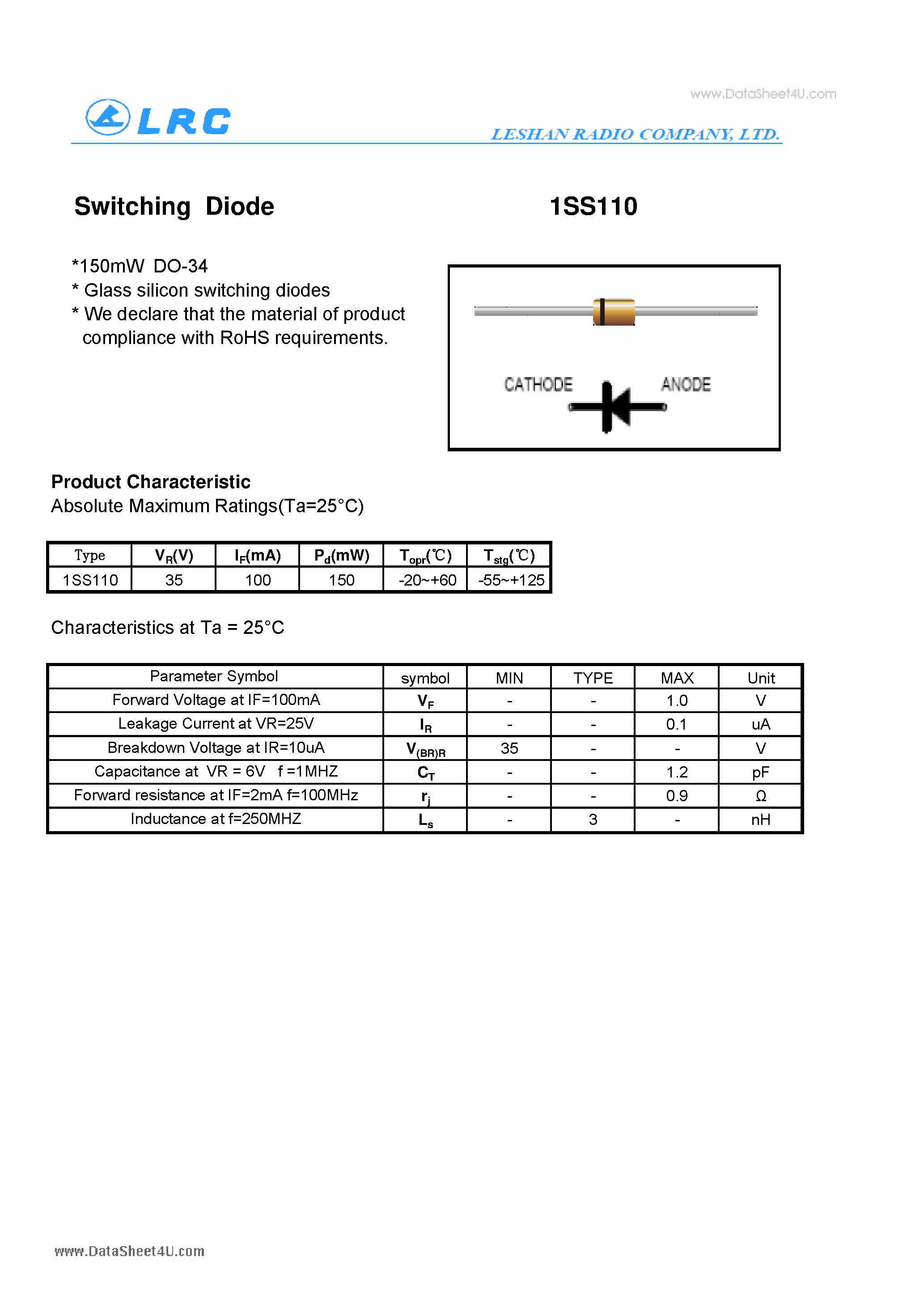 Datasheet 1SS110 - Switching Diode page 1
