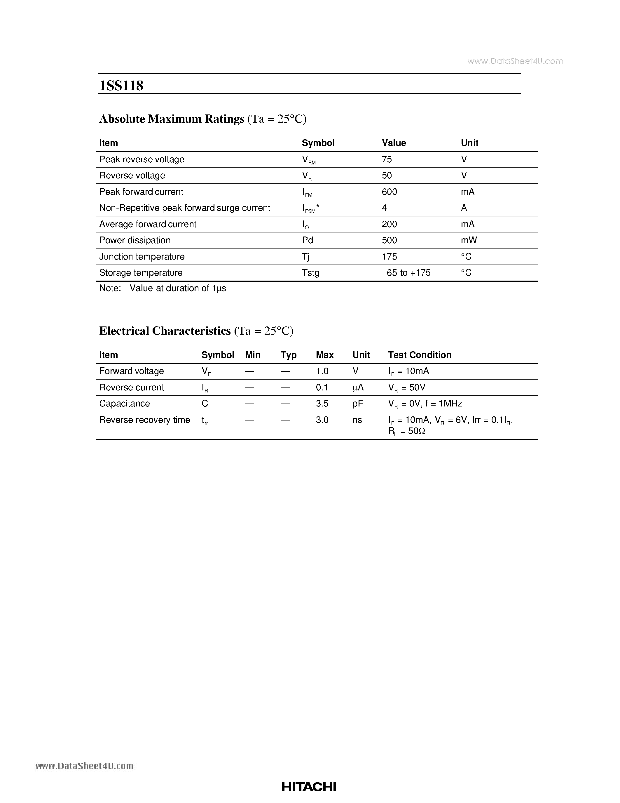 Datasheet 1SS118 - Silicon Epitaxial Planar Diode page 2