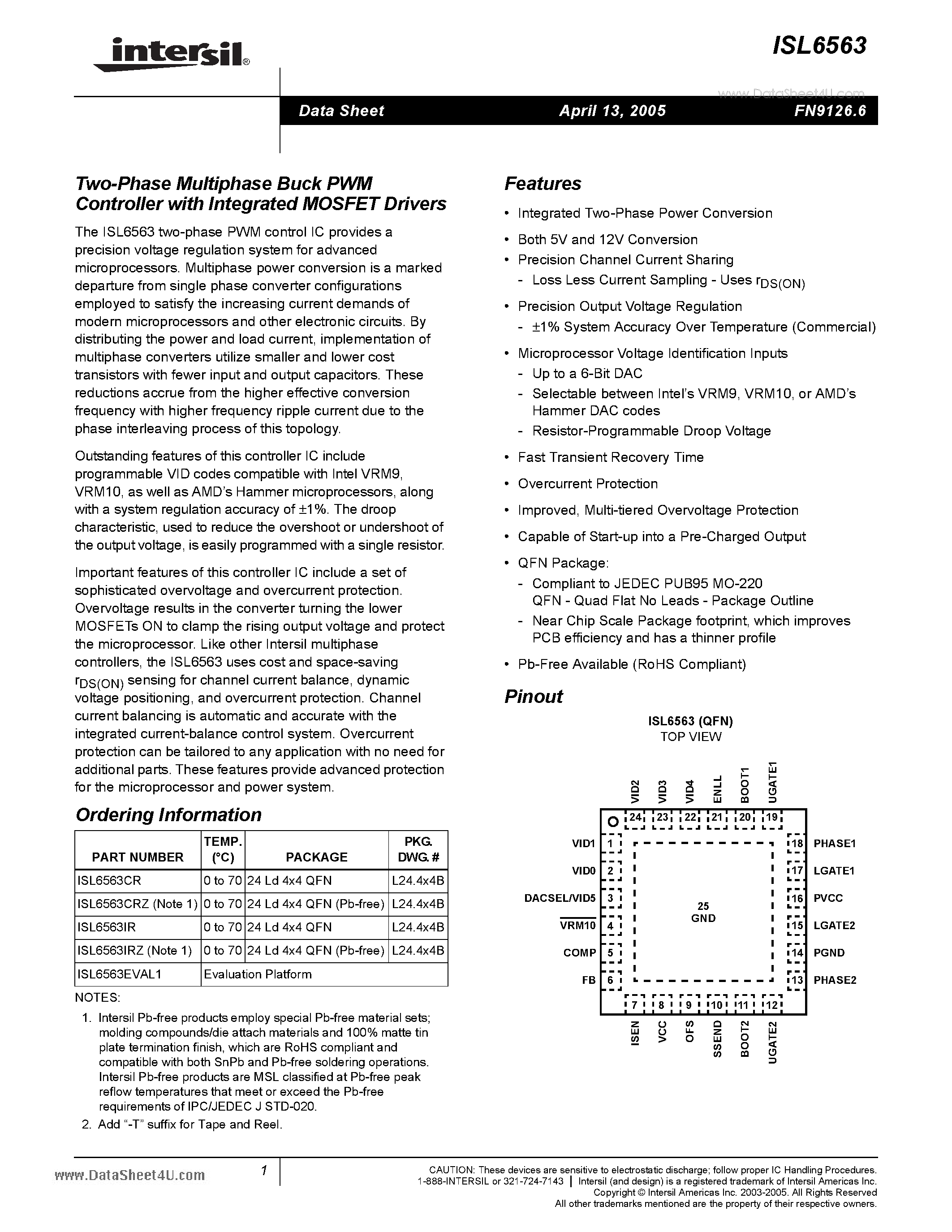 Datasheet 6563CRZ - Search -----> ISL6563CRZ page 1