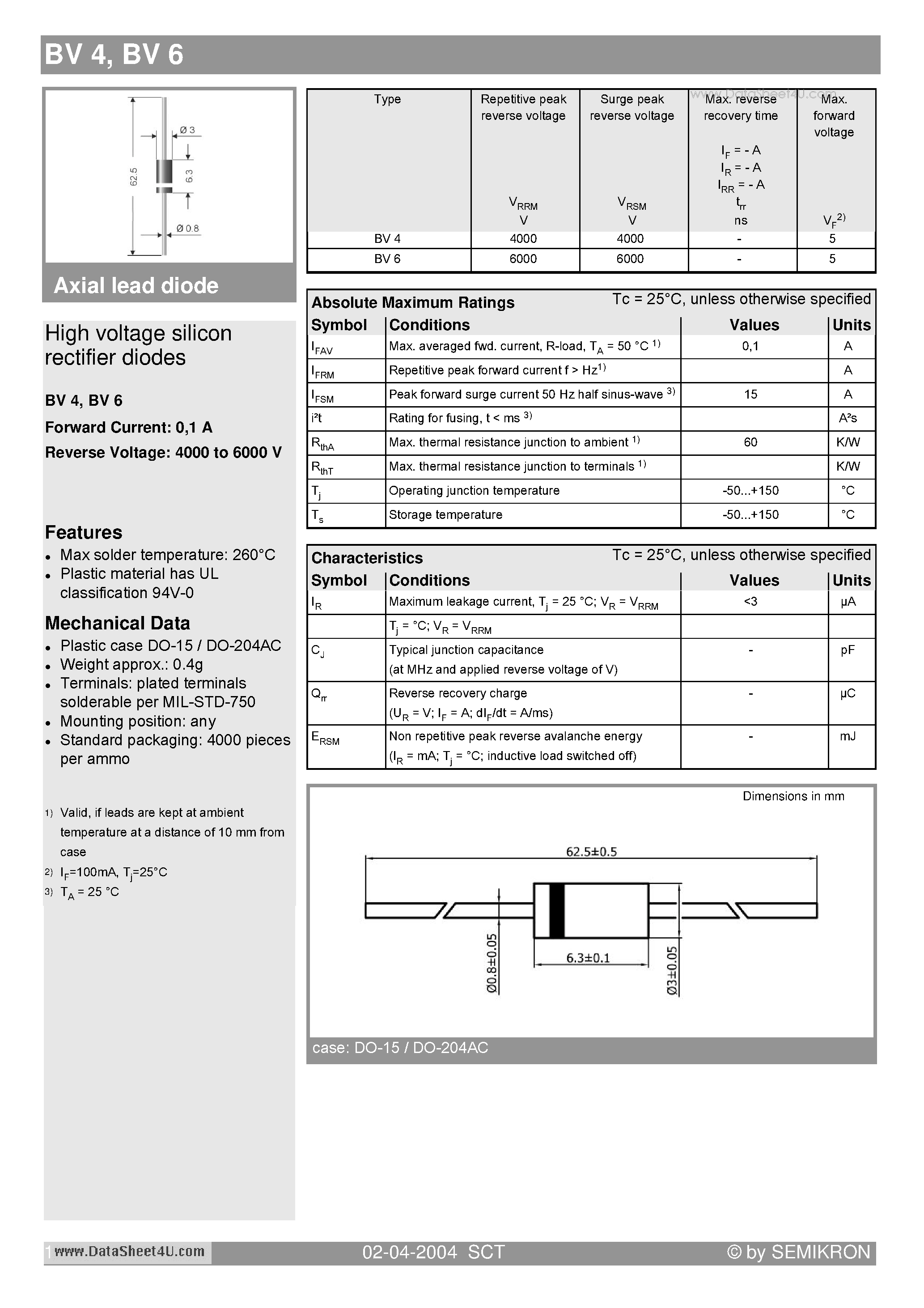 Datasheet BV6 page 1 Datasheet BV6 - High voltage silicon rectifier diodes page 1
