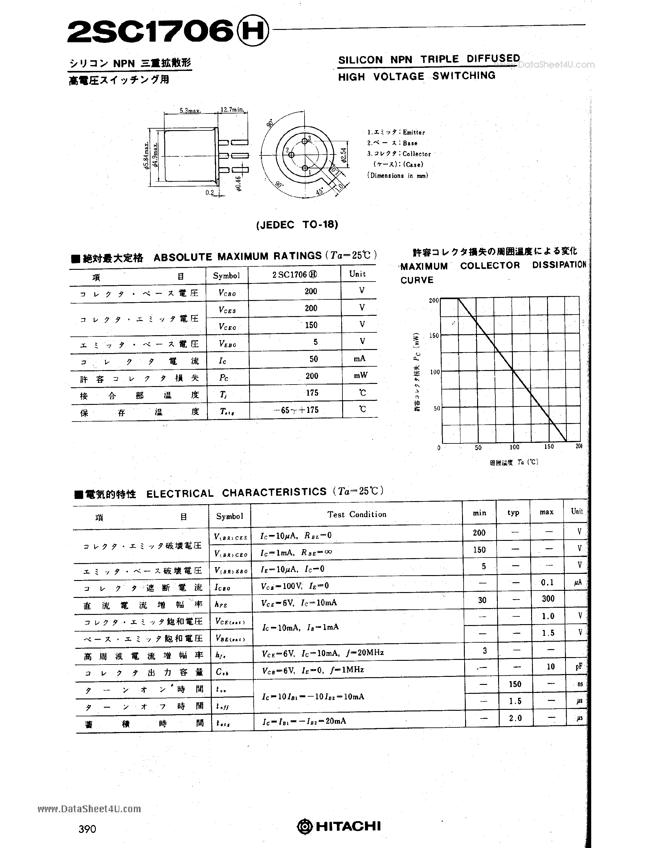 Datasheet 2SC1706 - SILICON NPN TRIPLE DIFFUSED HIGH VOLTAGE SWITCHING page 1