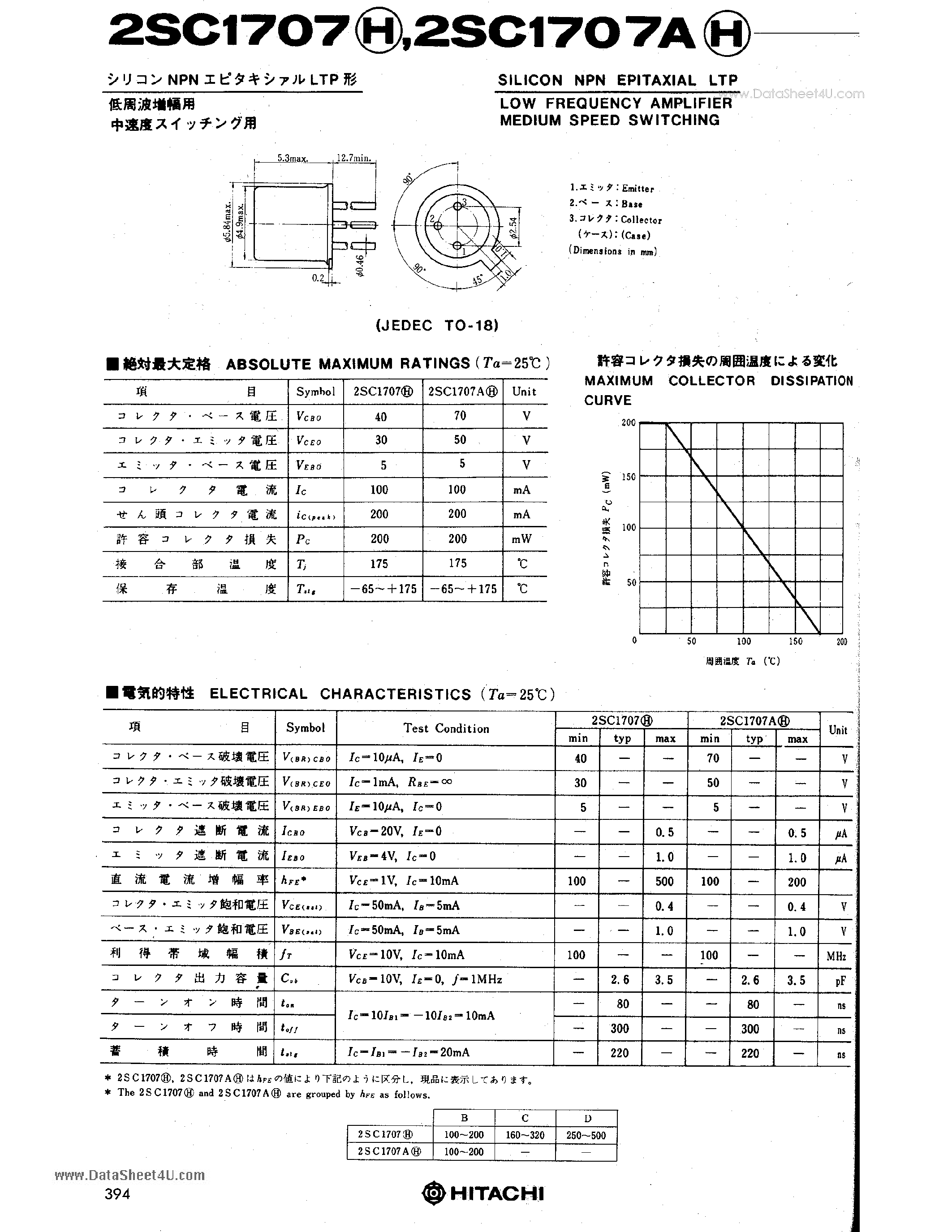 Datasheet 2SC1707 - LOW FREQUENCY AMPLIFIER MEDIUM SPEED SWITCHING page 1
