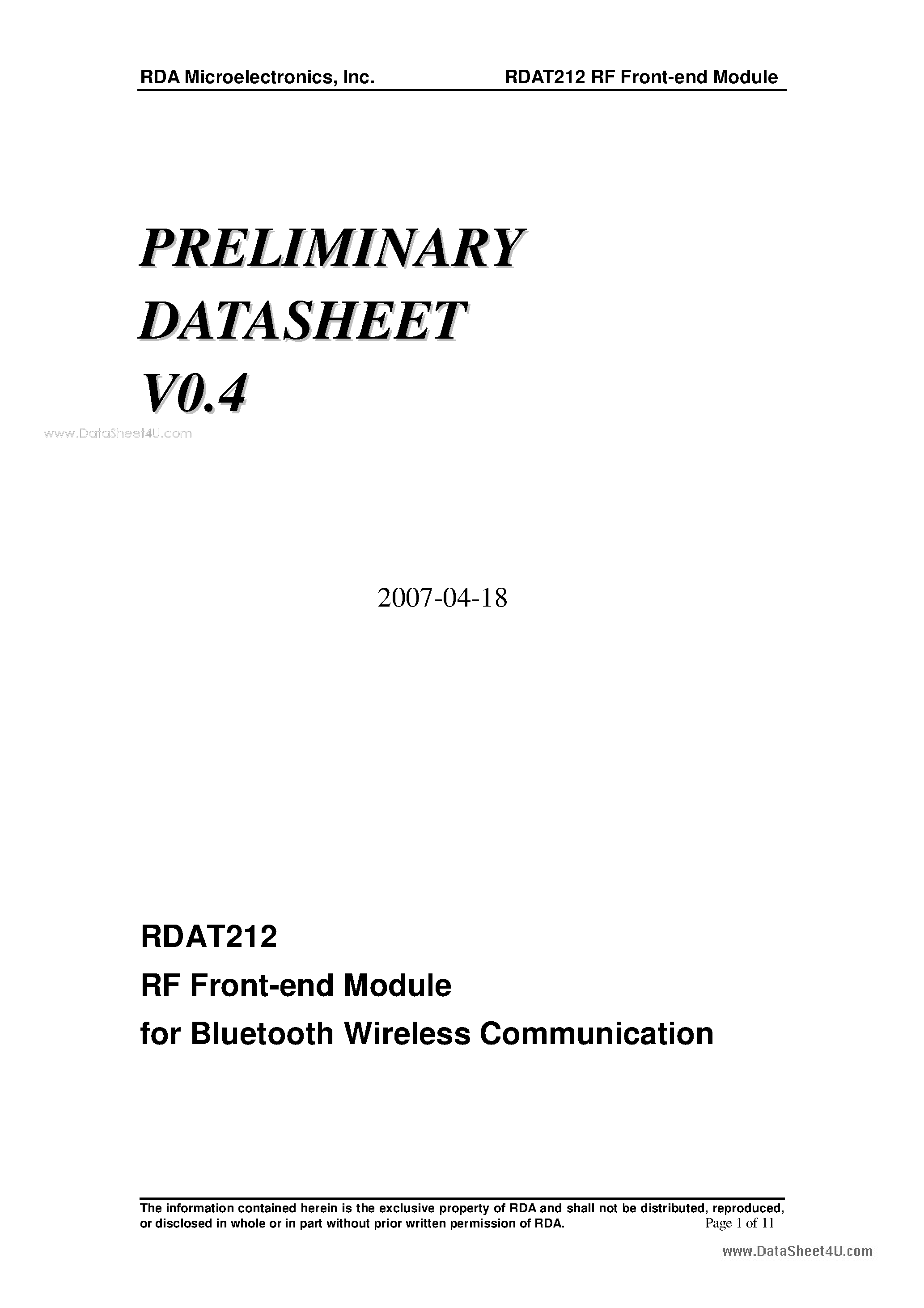 Даташит на микросхему RDAT212 страница 1 Даташит RDAT212 - RF Front-end Module страница 1