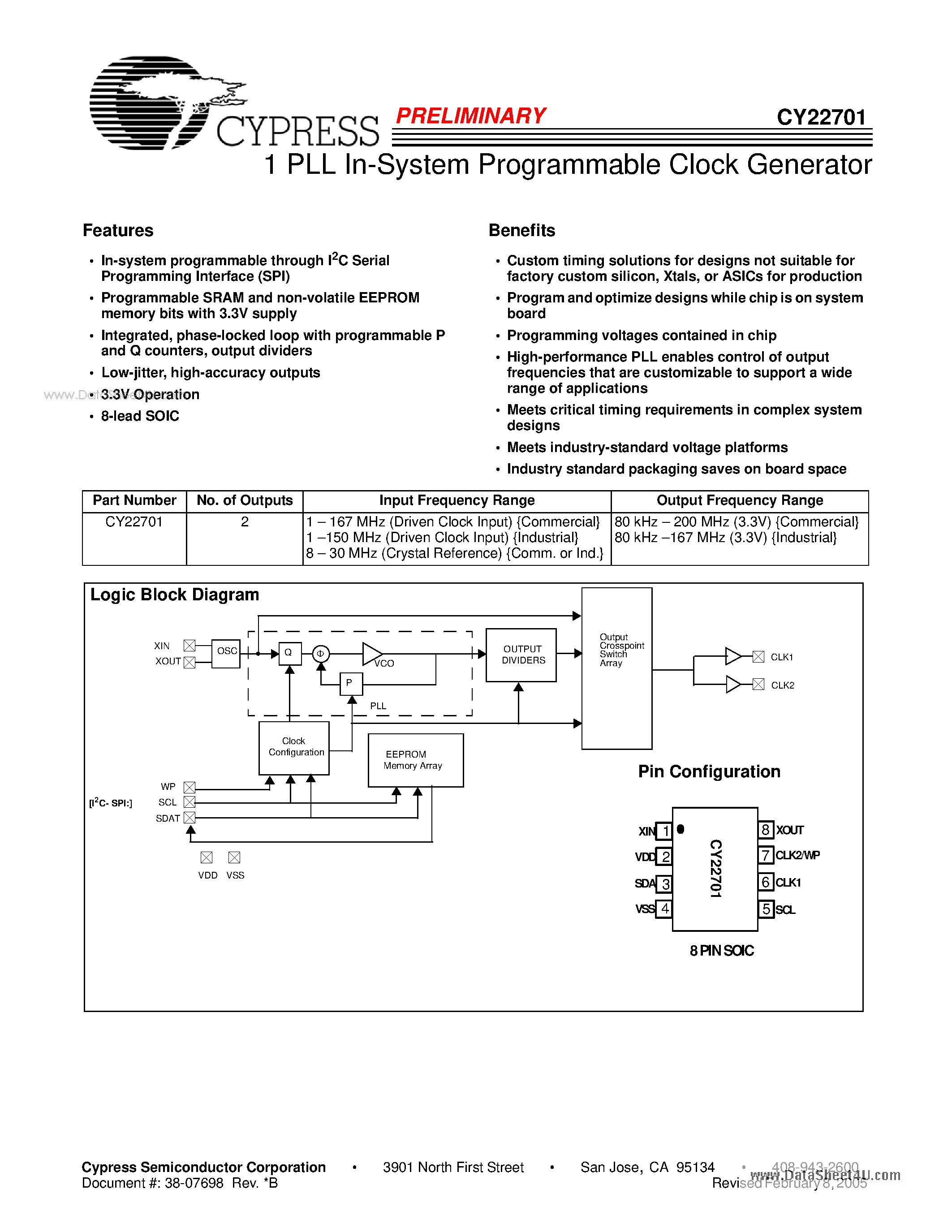Даташит на микросхему CY22701 страница 1 Даташит CY22701 - 1 PLL In-System Programmable Clock Generator страница 1