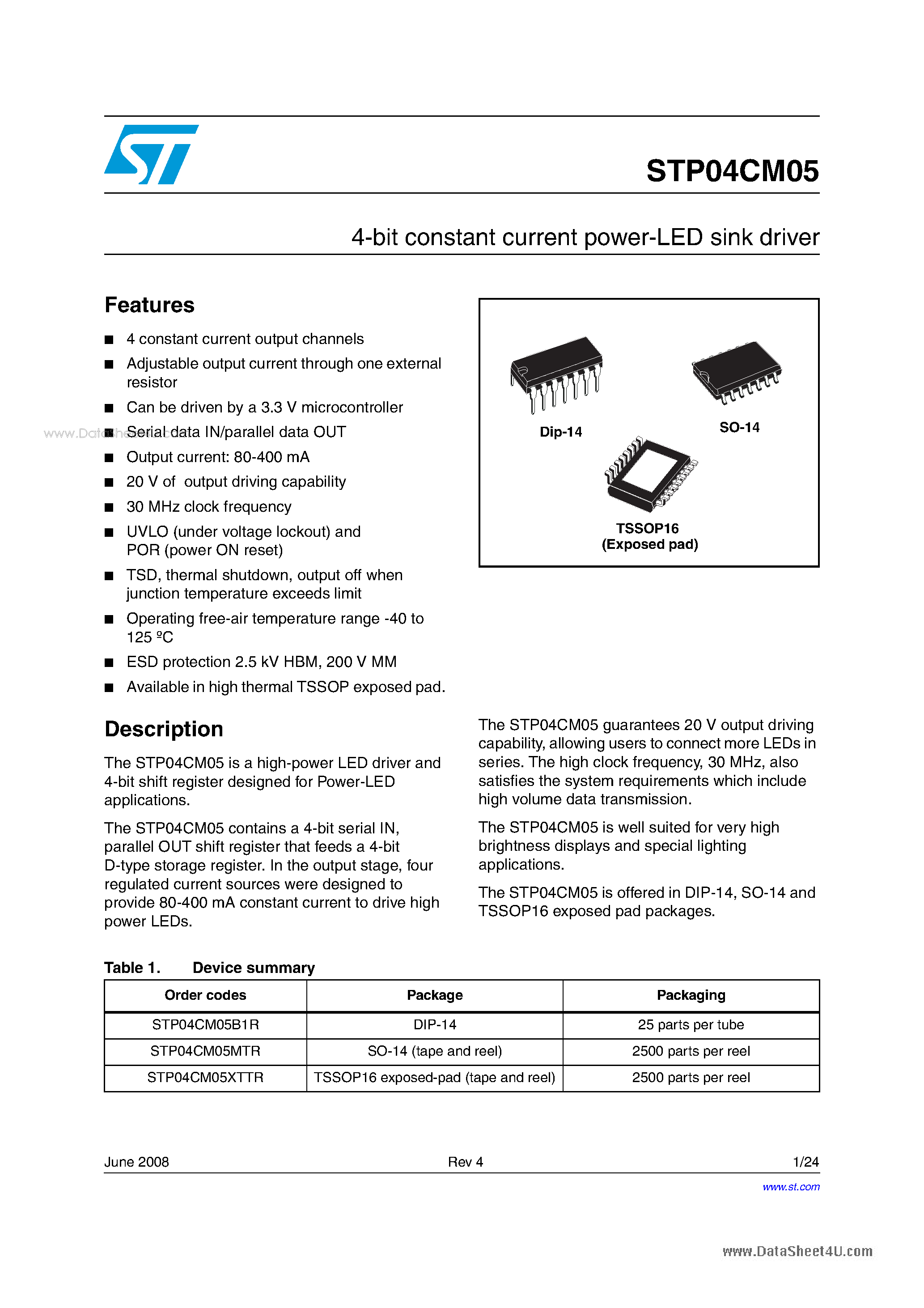 Datasheet STP04CM05 page 1 Datasheet STP04CM05 - 4-bit constant current power-LED sink driver page 1