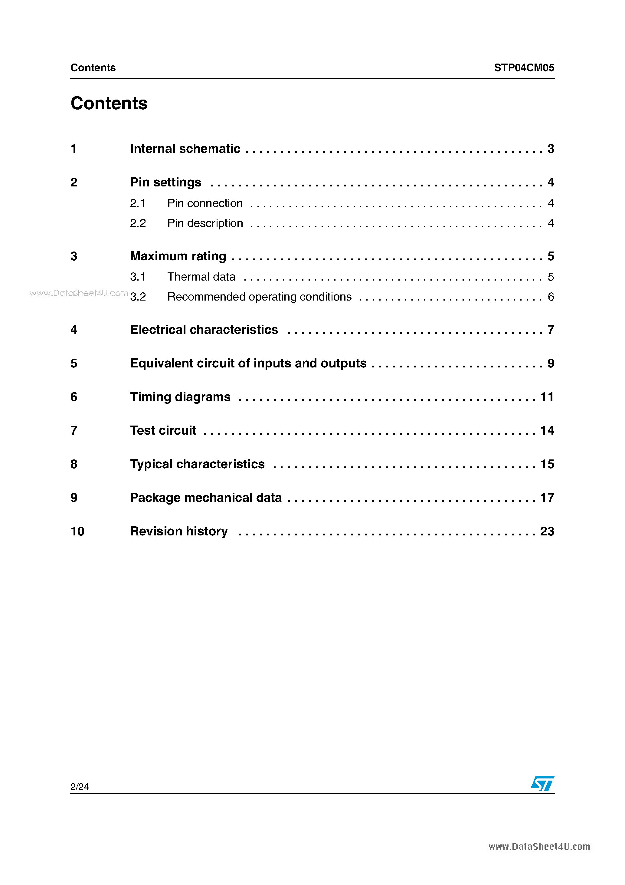 Datasheet STP04CM05 page 2 Datasheet STP04CM05 - 4-bit constant current power-LED sink driver page 2
