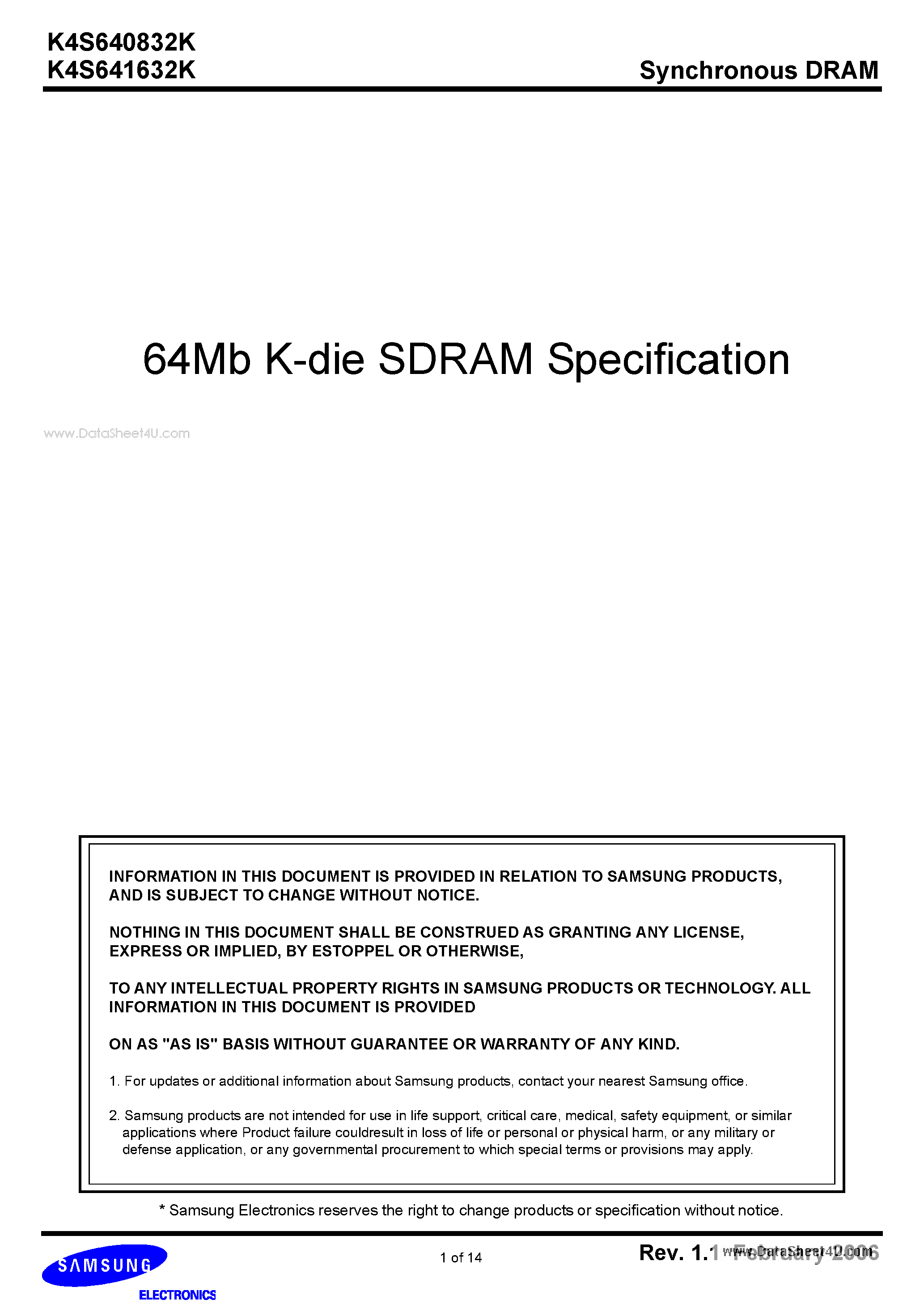 Даташит K4S640832K - 64Mb K-die SDRAM страница 1