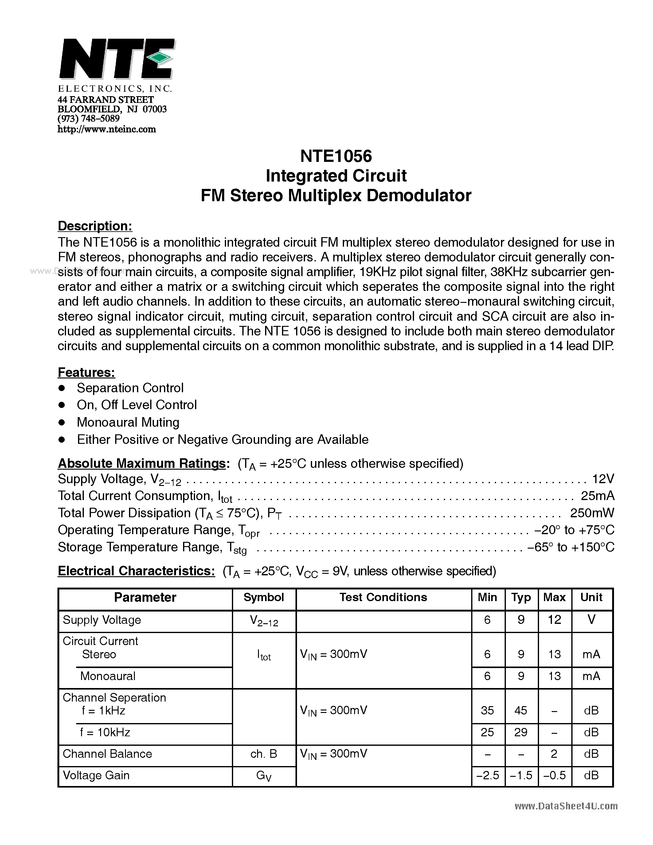 Даташит NTE1056 - Integrated Circuit FM Stereo Multiplex Demodulator страница 1