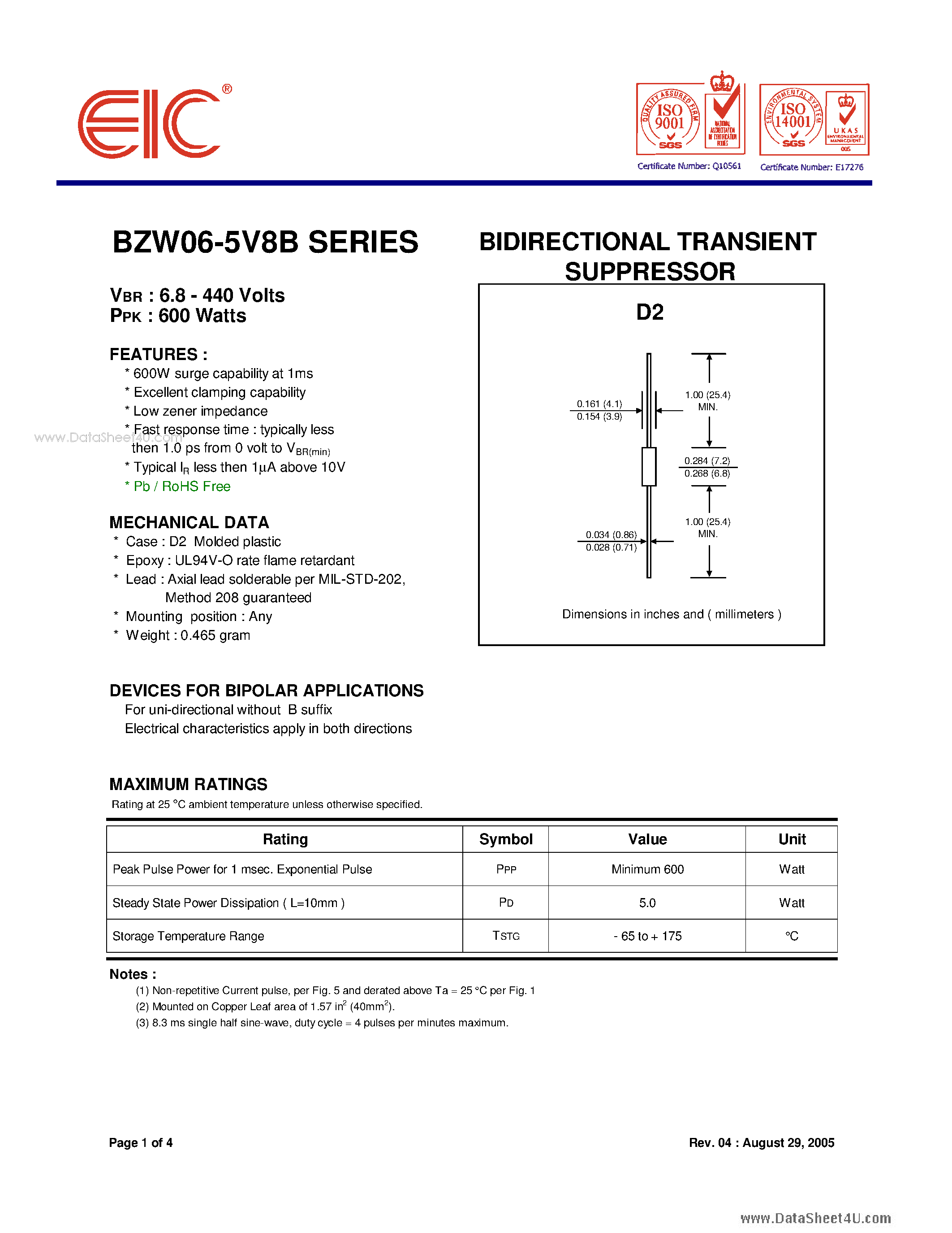 Datasheet BZW06-10B - BIDIRECTIONAL TRANSIENT SUPPRESSOR page 1