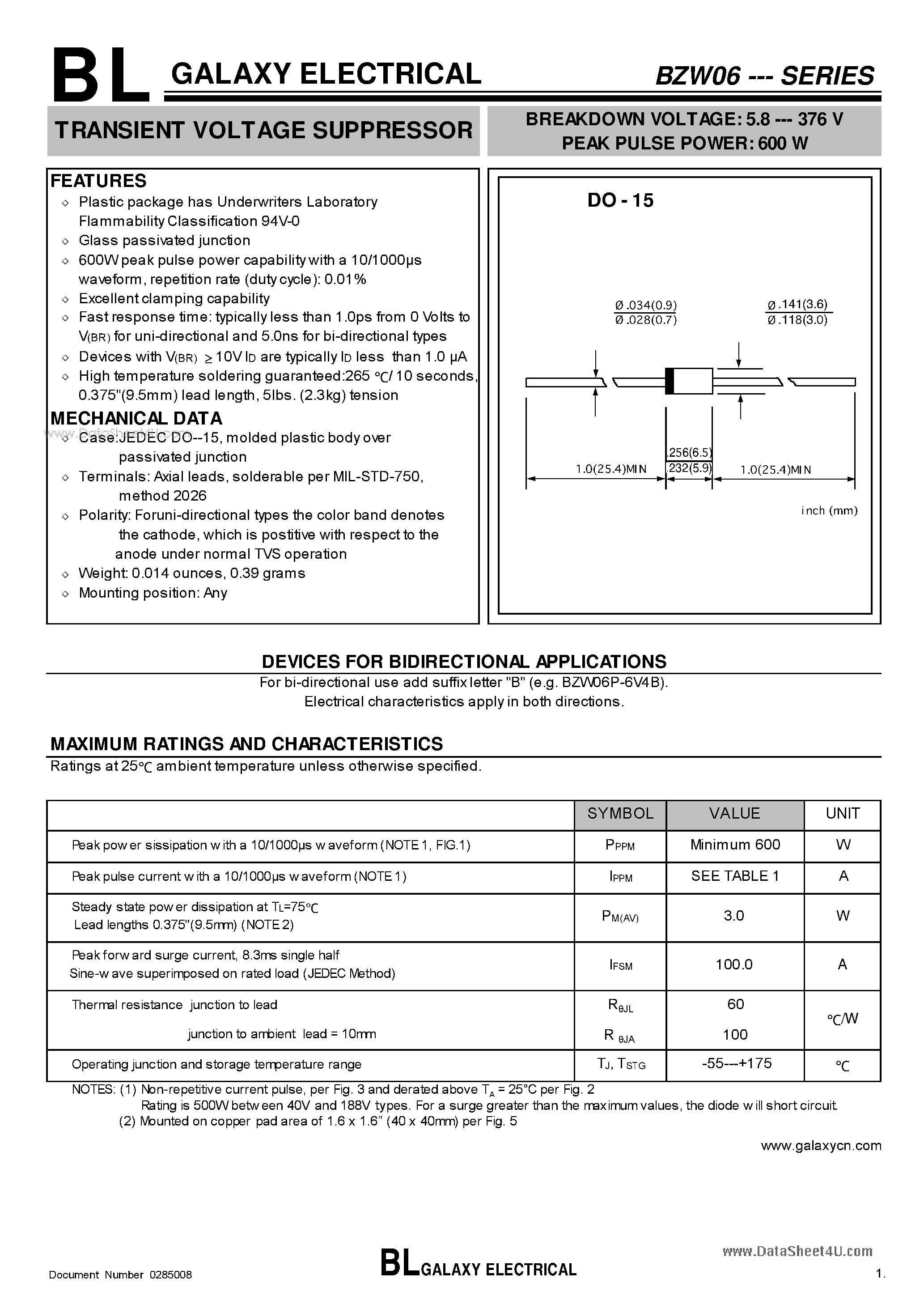 Datasheet BZW06-10 - TRANSIENT VOLTAGE SUPPRESSOR page 1