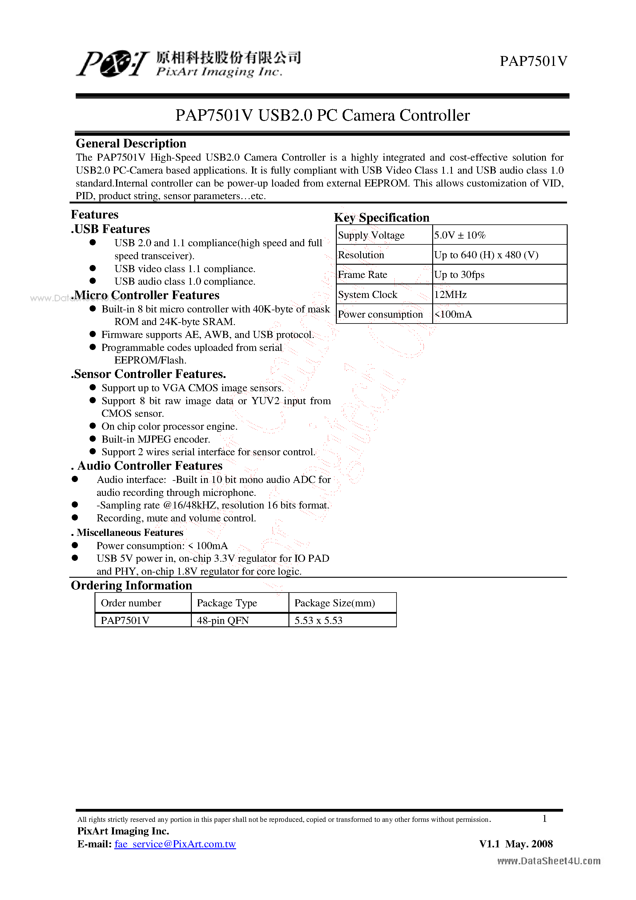 Datasheet PAP7501V - USB2.0 PC Camera Controller page 1
