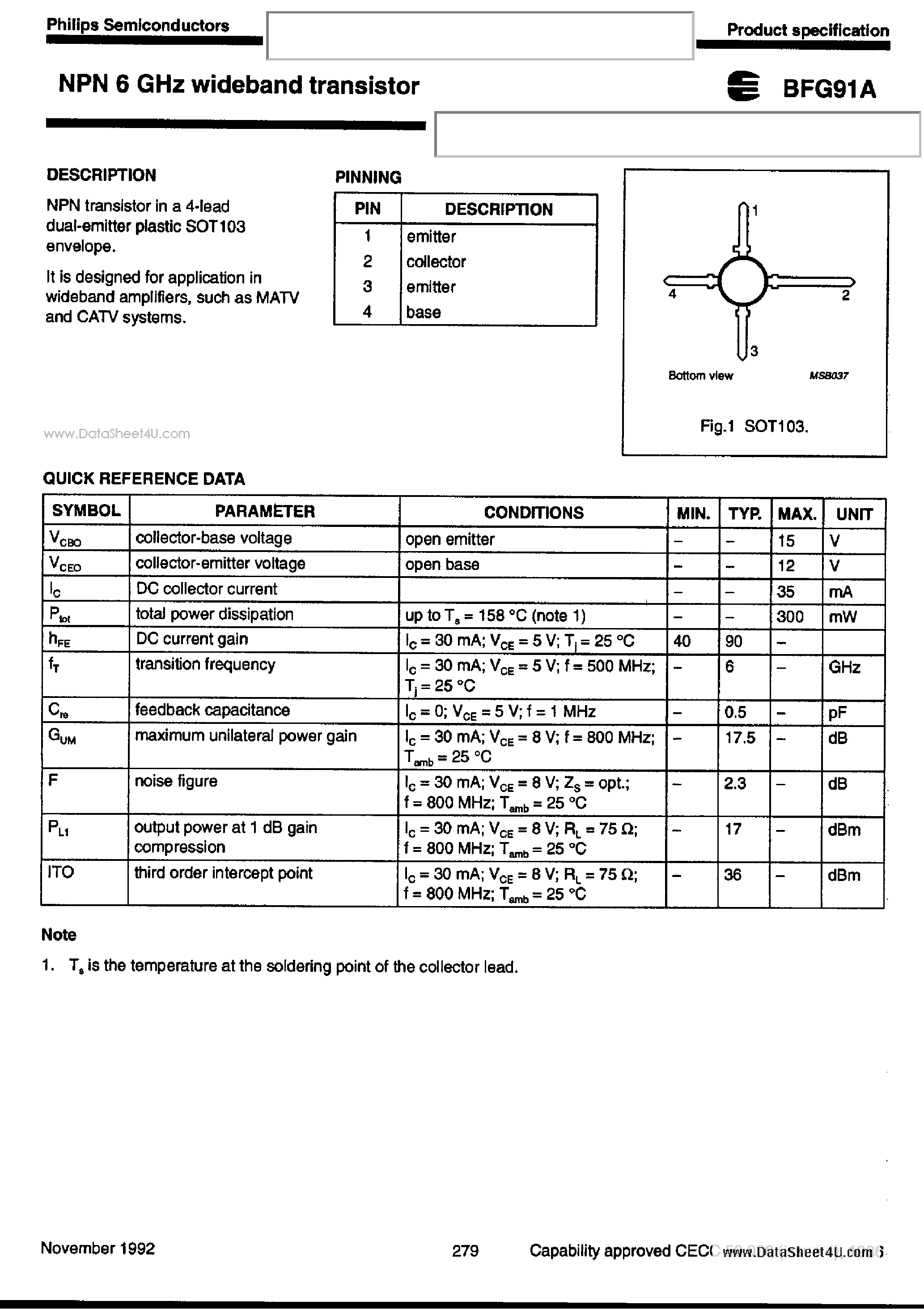 Datasheet BFG91A - NPN 6 GHZ WIDEBAND TRANSISTOR page 1