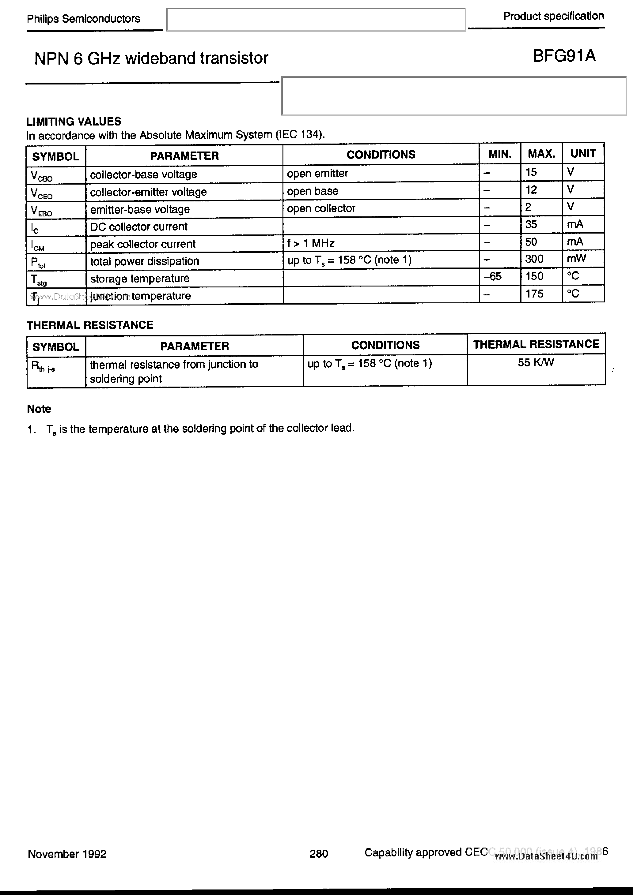 Datasheet BFG91A - NPN 6 GHZ WIDEBAND TRANSISTOR page 2