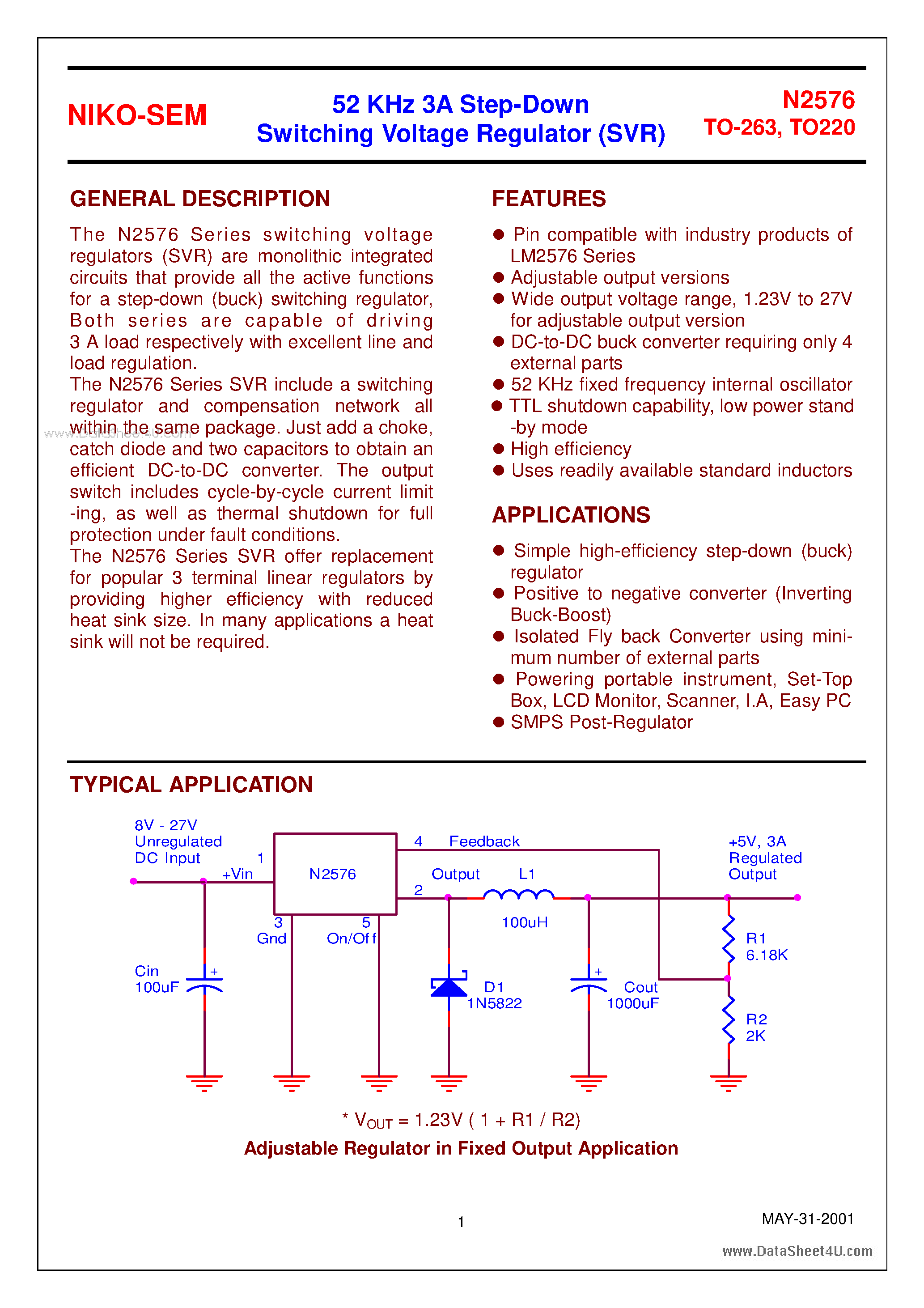 Datasheet N2576 - 52 KHz 3A Step-Down Switching Voltage Regulator page 1