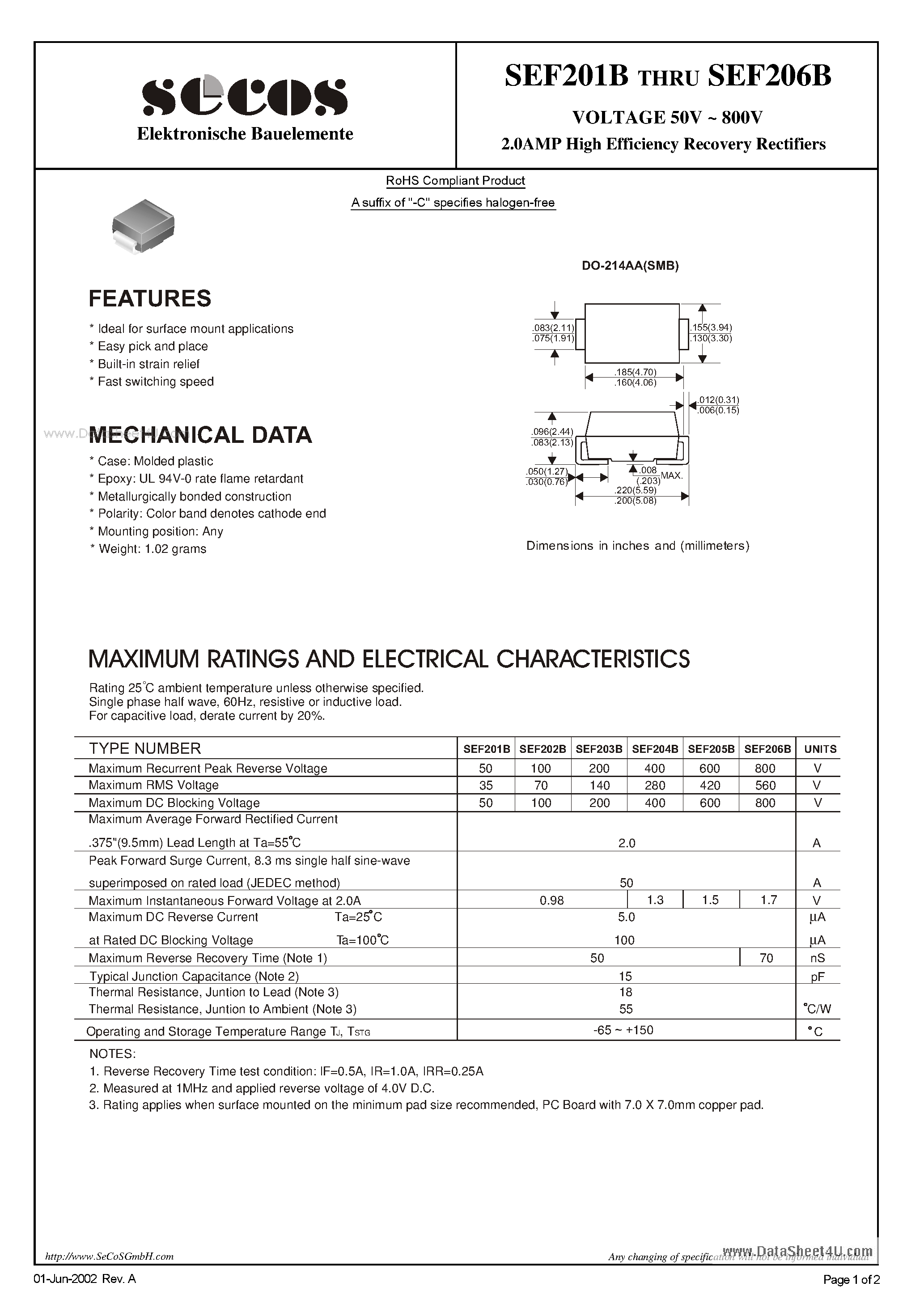 Datasheet SEF201B - (SEF201B - SEF206B) 2.0AMP High Efficiency Recovery Rectifiers page 1