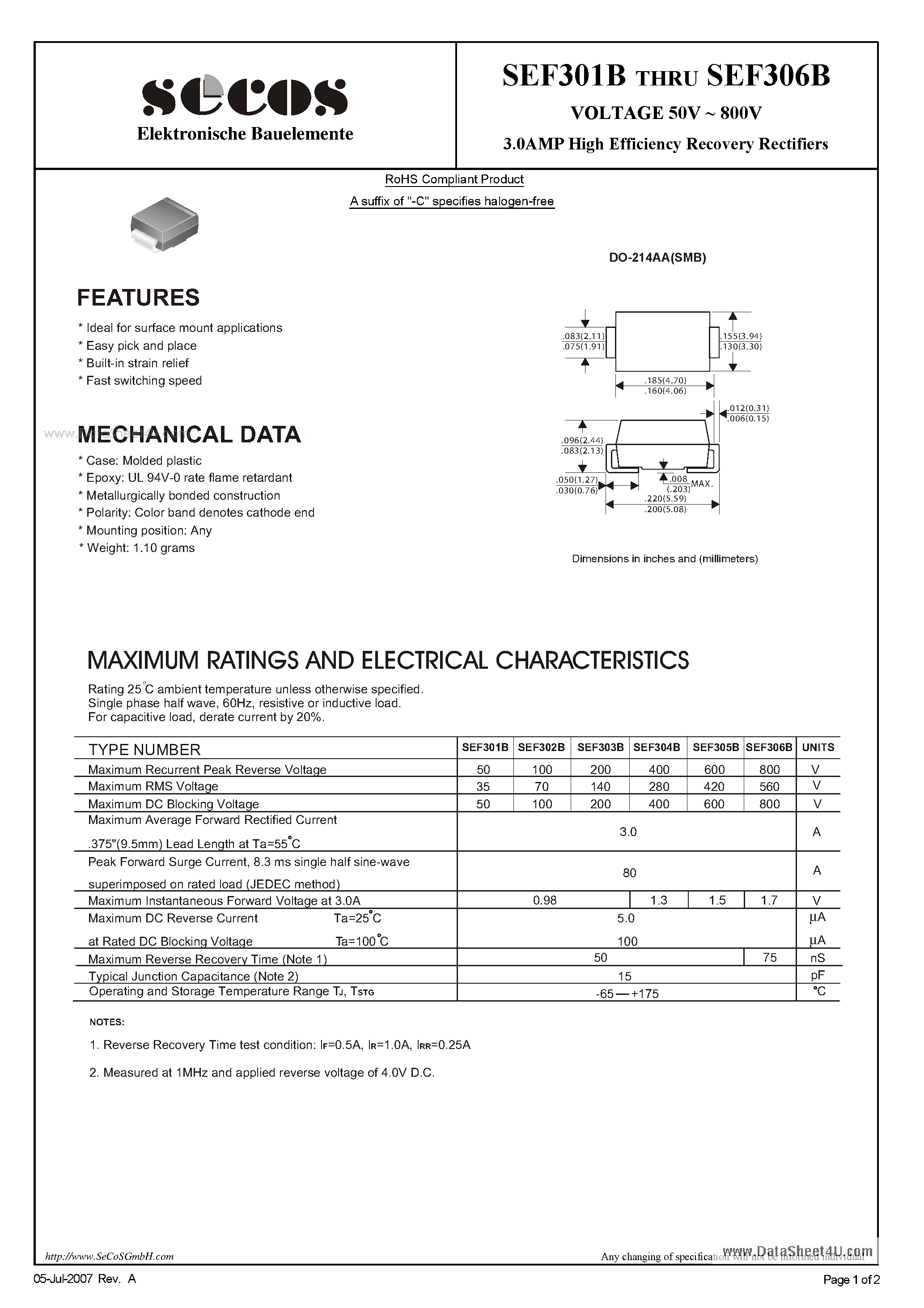 Datasheet SEF301B page 1 Datasheet SEF301B - (SEF301B - SEF306B) 3.0AMP High Efficiency Recovery Rectifiers page 1