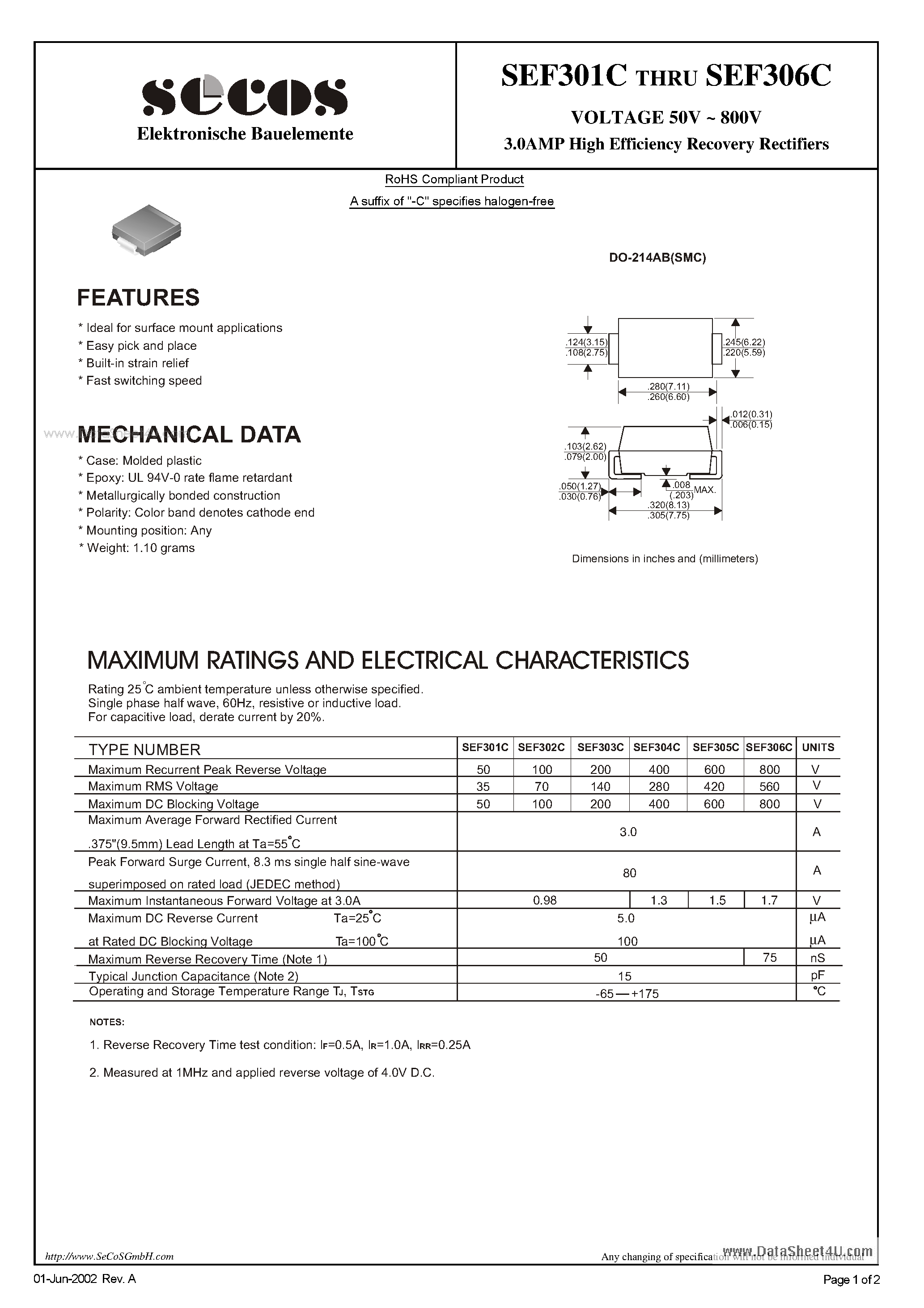 Datasheet SEF301C page 1 Datasheet SEF301C - (SEF301C - SEF306C) 3.0AMP High Efficiency Recovery Rectifiers page 1