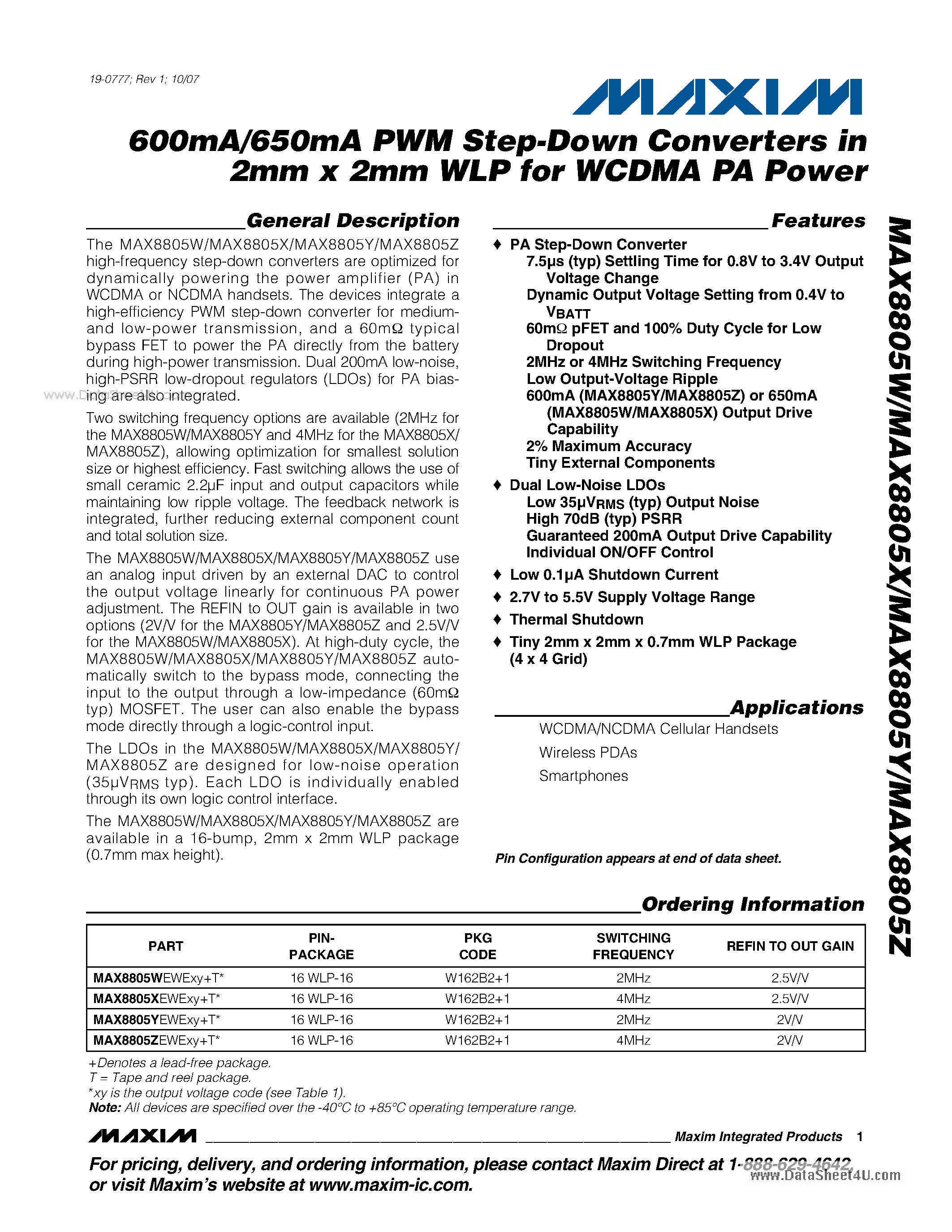 Datasheet MAX8805W - 600mA/650mA PWM Step-Down Converters page 1