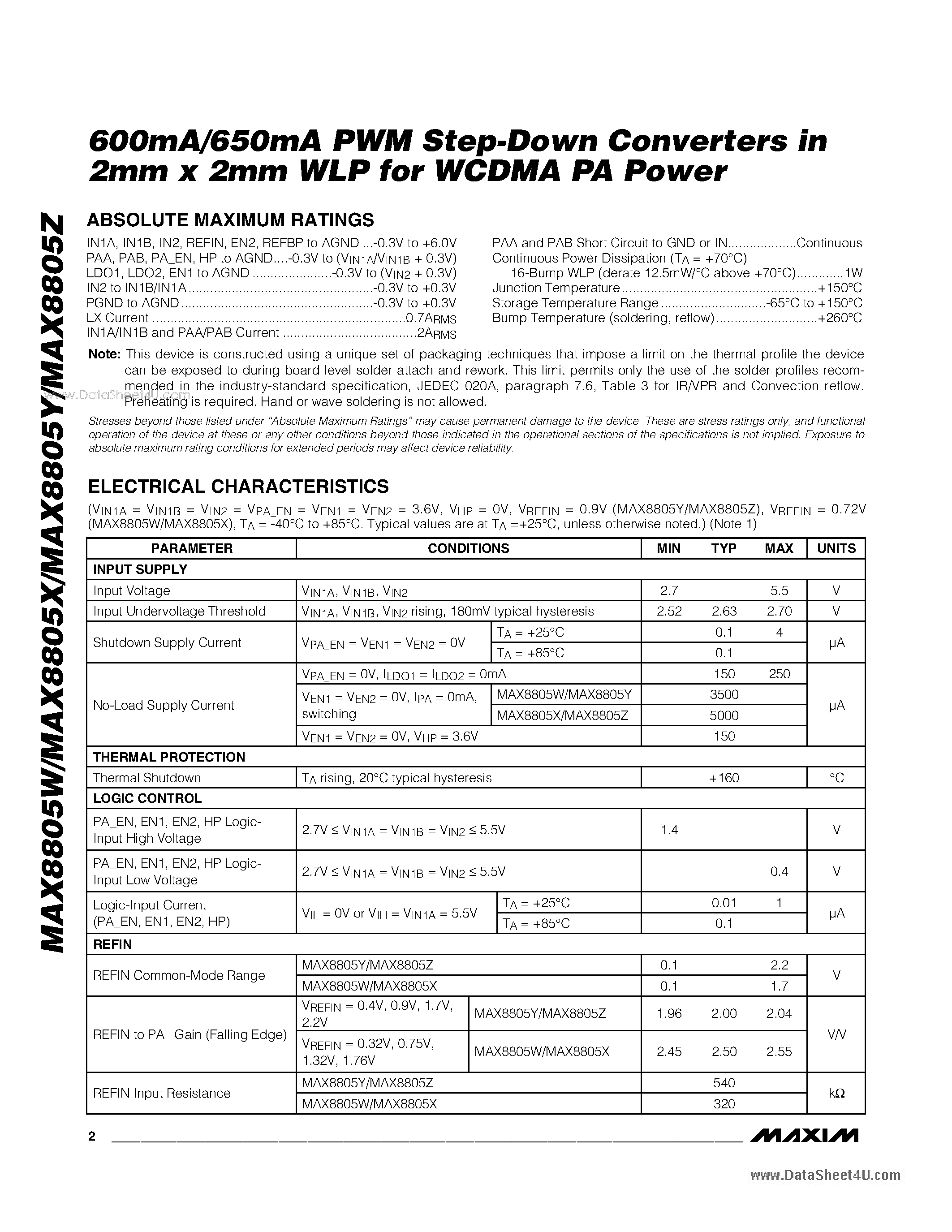 Datasheet MAX8805W - 600mA/650mA PWM Step-Down Converters page 2