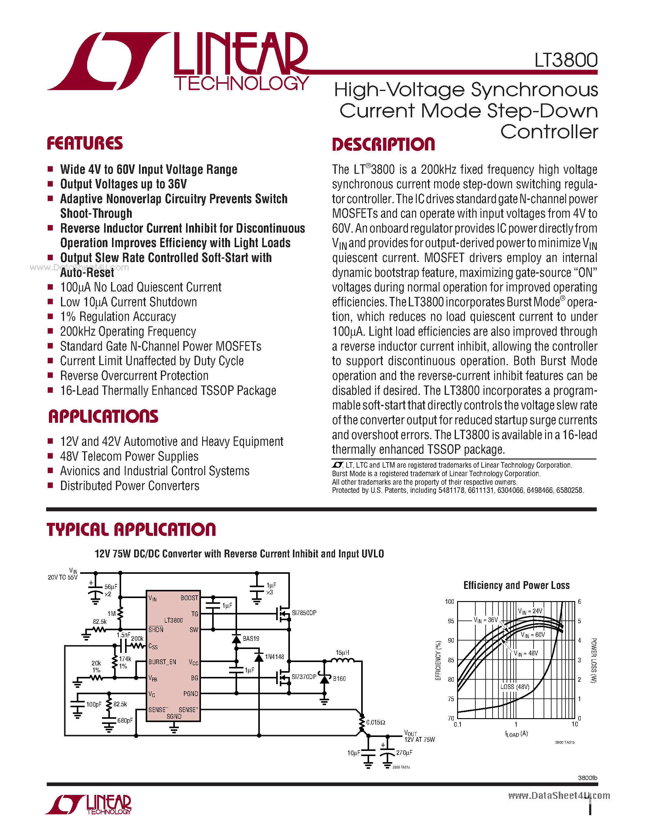 Datasheet LT3800 page 1 Datasheet LT3800 - High-Voltage Synchronous Current Mode Step-Down Controller page 1