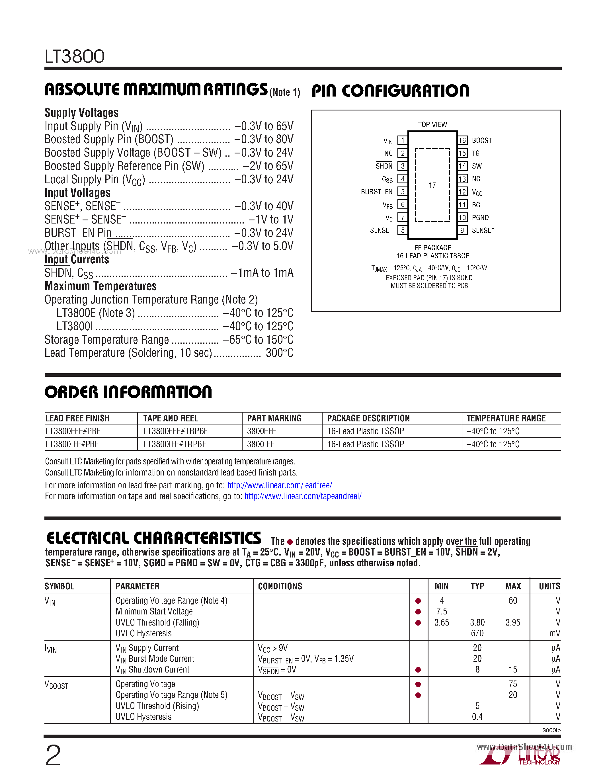 Datasheet LT3800 page 2 Datasheet LT3800 - High-Voltage Synchronous Current Mode Step-Down Controller page 2