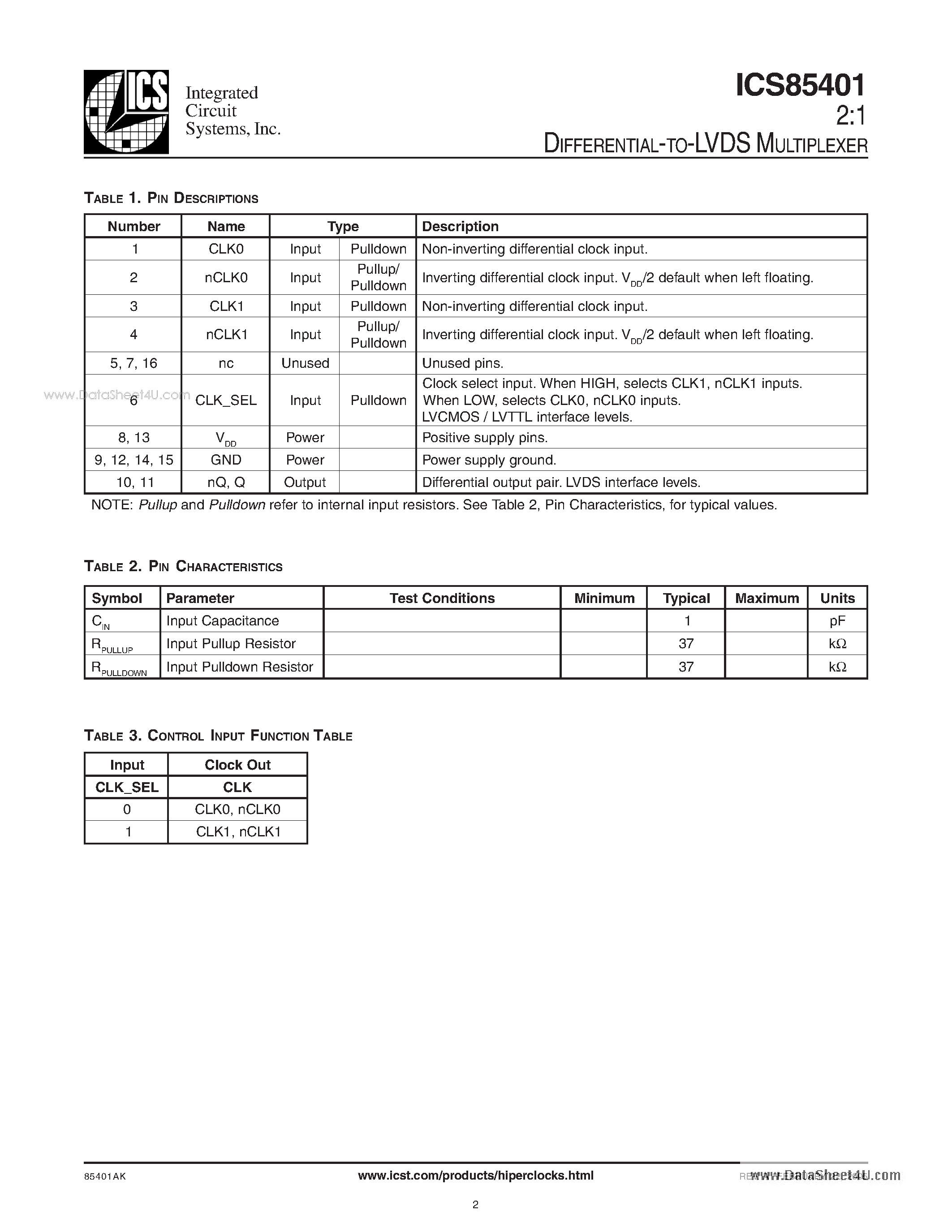 Datasheet ICS85401 page 2 Datasheet ICS85401 - 2:1 DIFFERENTIAL-TO-LVDS MULTIPLEXER page 2