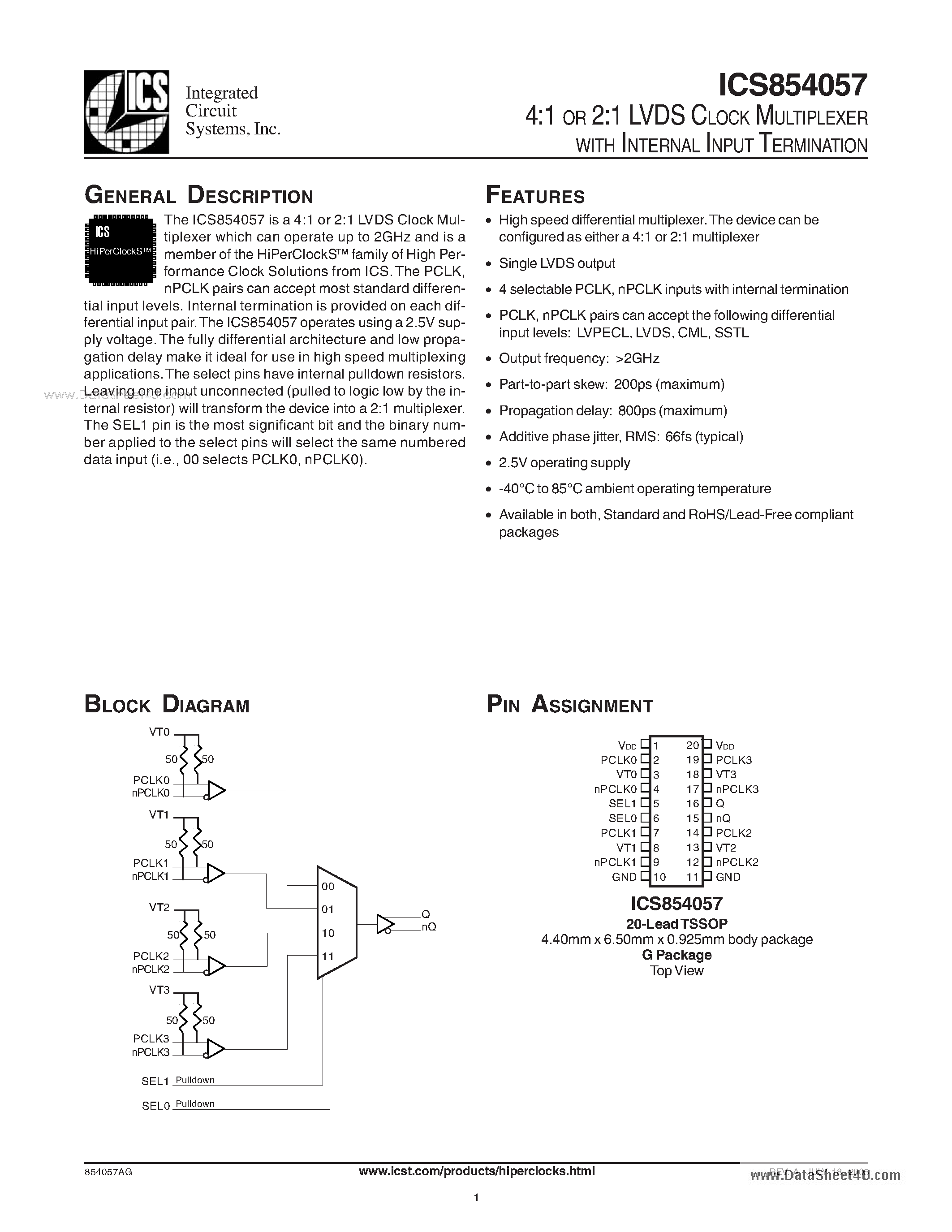 Datasheet ICS854057 - 4:1 OR 2:1 LVDS CLOCK MULTIPLEXER page 1