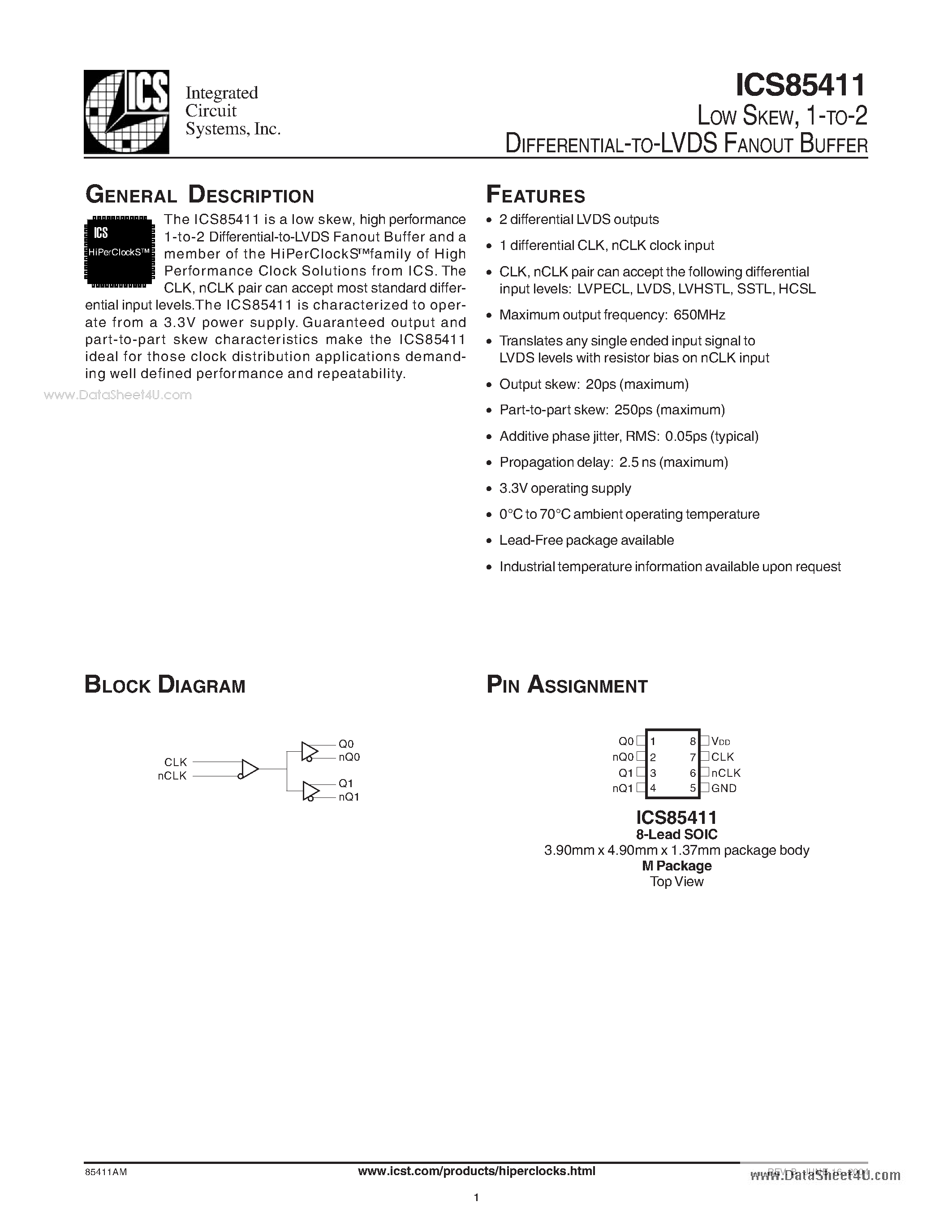 Datasheet ICS85411 - 1-TO-2 DIFFERENTIAL-TO-LVDS FANOUT BUFFER page 1