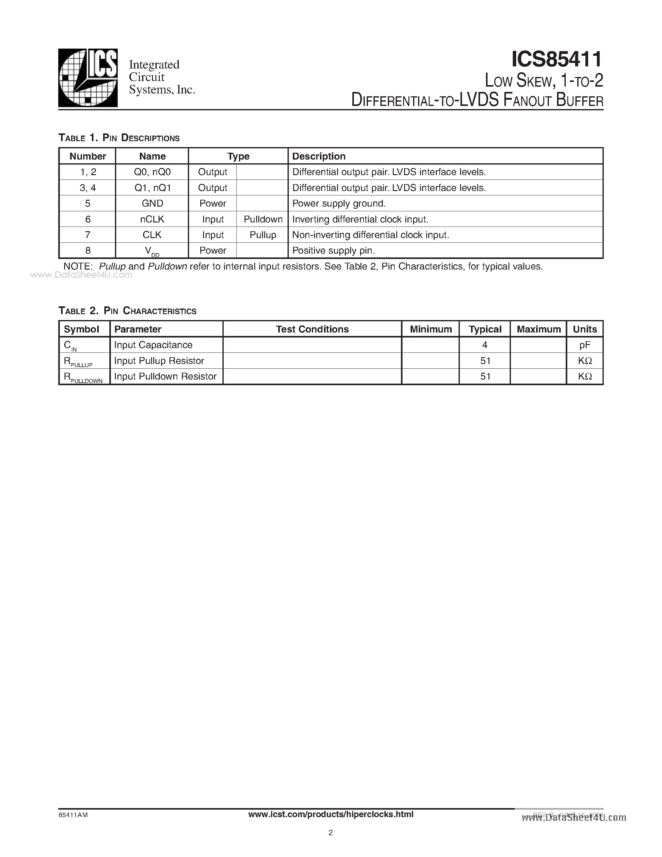 Datasheet ICS85411 - 1-TO-2 DIFFERENTIAL-TO-LVDS FANOUT BUFFER page 2