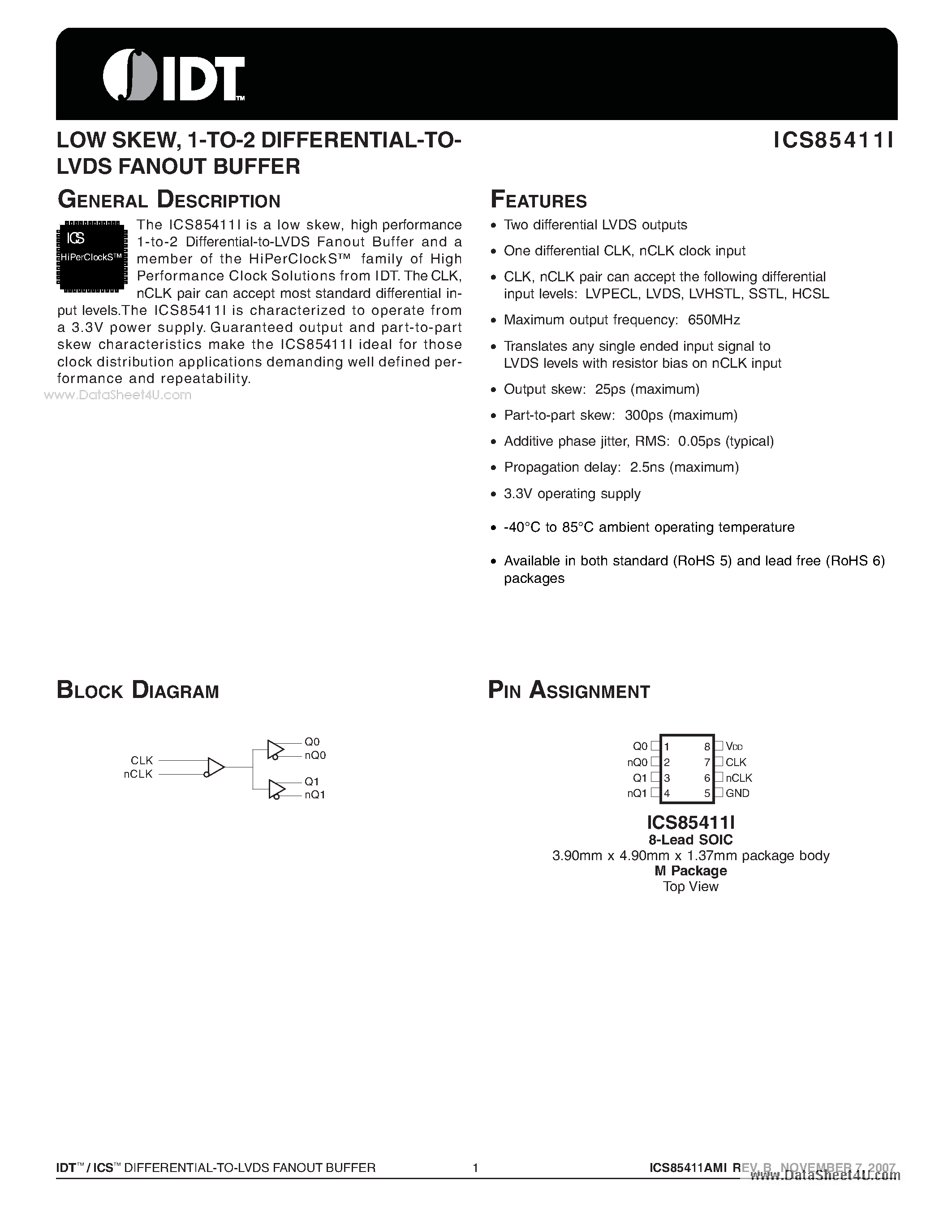 Datasheet ICS85411I - 1-TO-2 DIFFERENTIAL-TO-LVDS FANOUT BUFFER page 1