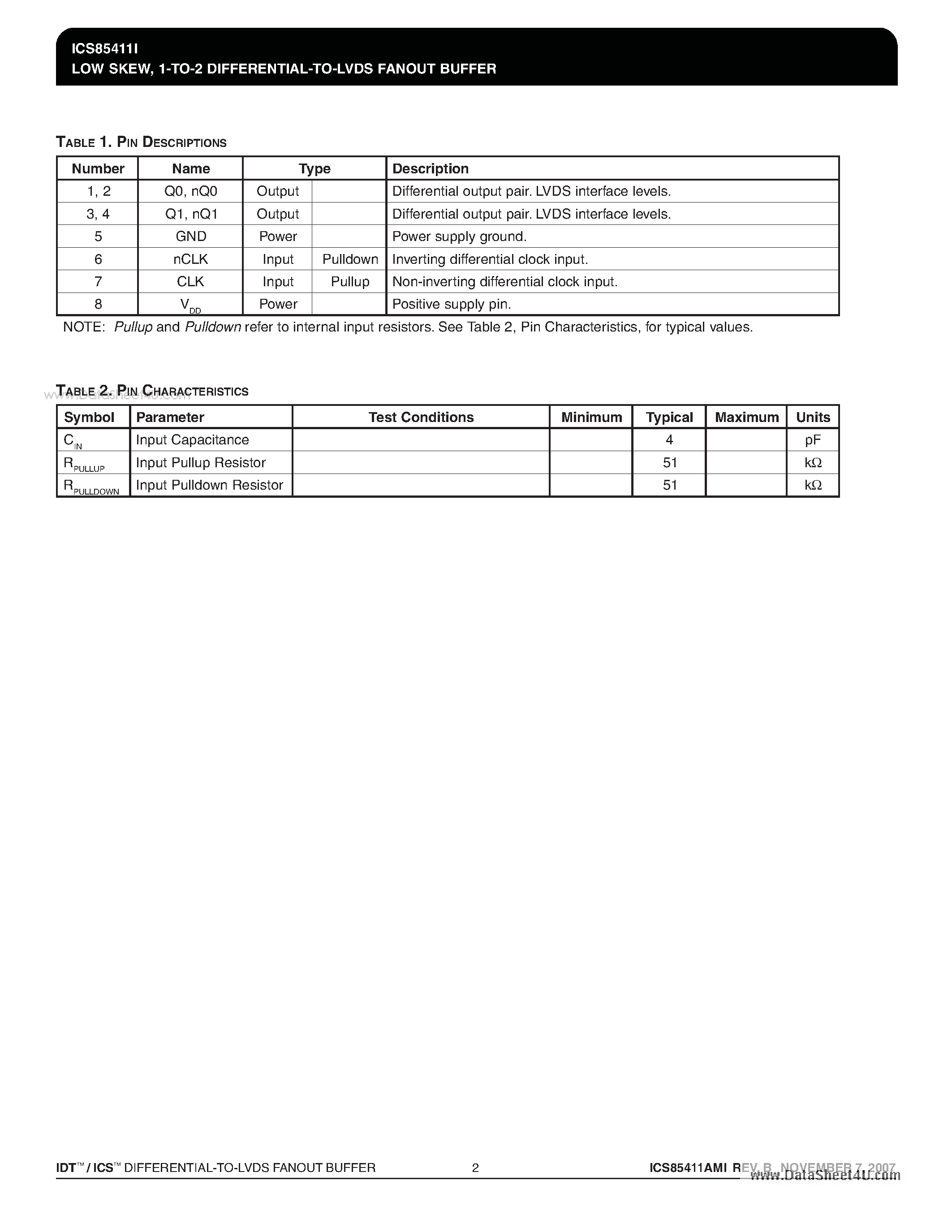 Datasheet ICS85411I - 1-TO-2 DIFFERENTIAL-TO-LVDS FANOUT BUFFER page 2