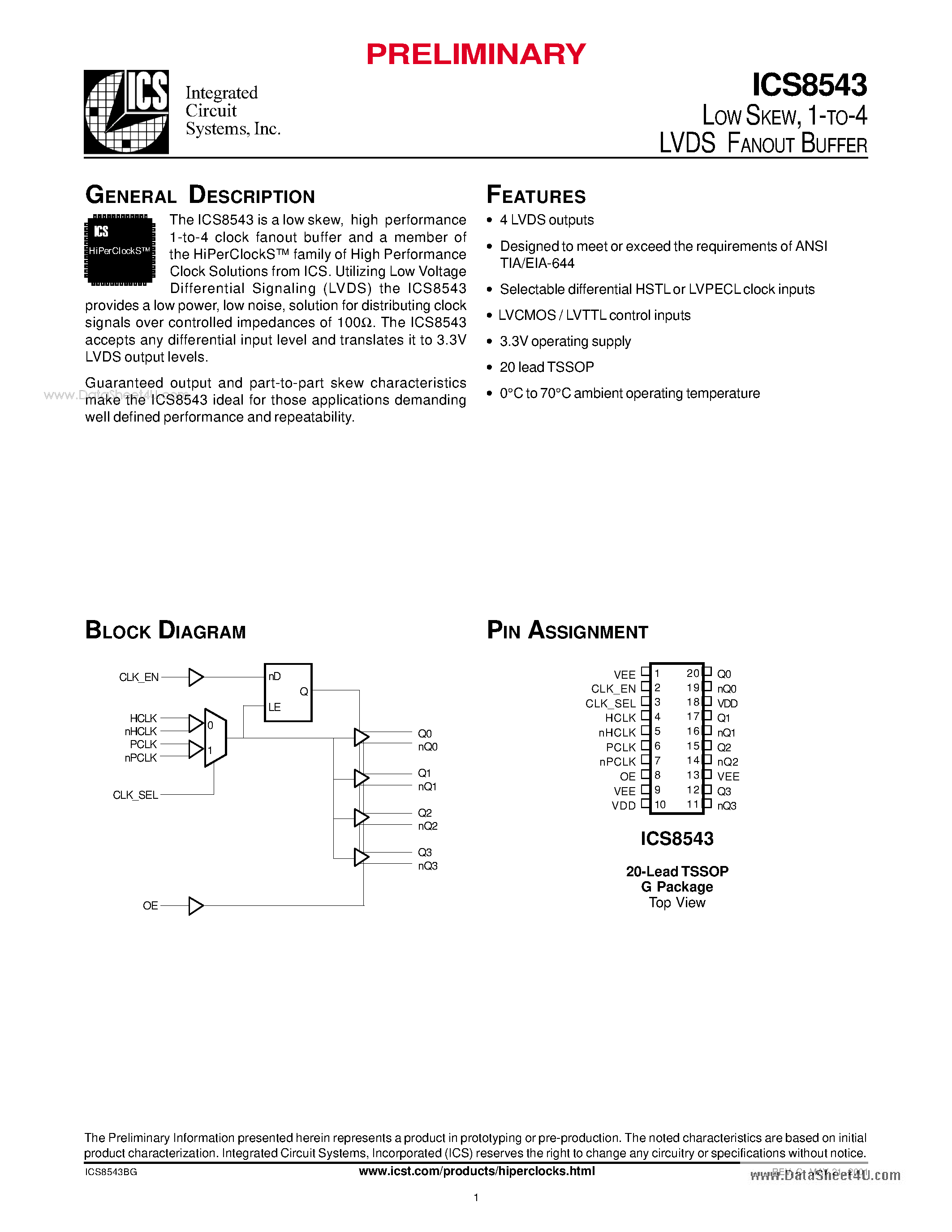 Datasheet ICS8543 - 1-TO-4 LVDS FANOUT BUFFER page 1