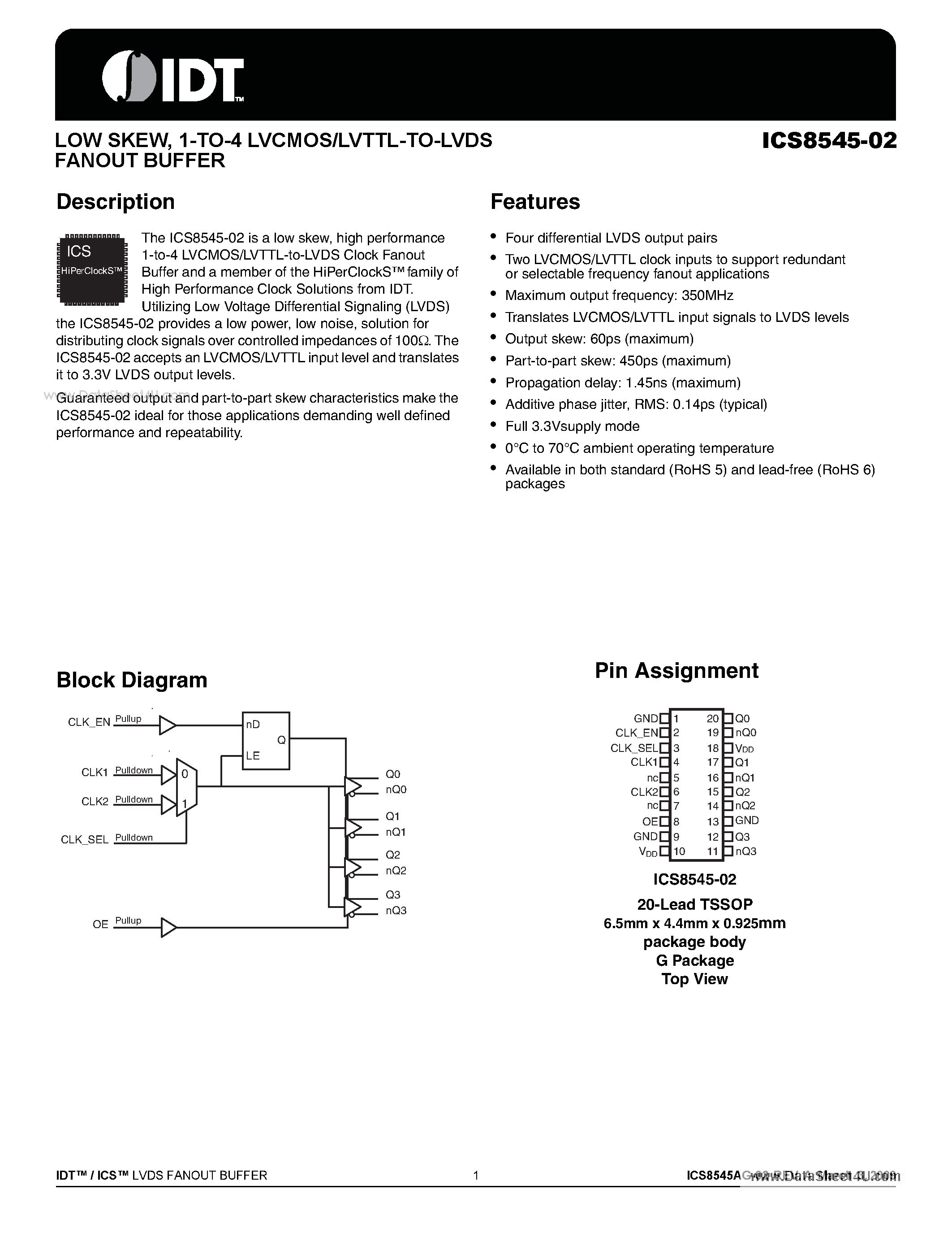 Даташит ICS8545-02 - 1-TO-4 LVCMOS/LVTTL-TO-LVDS FANOUT BUFFER страница 1
