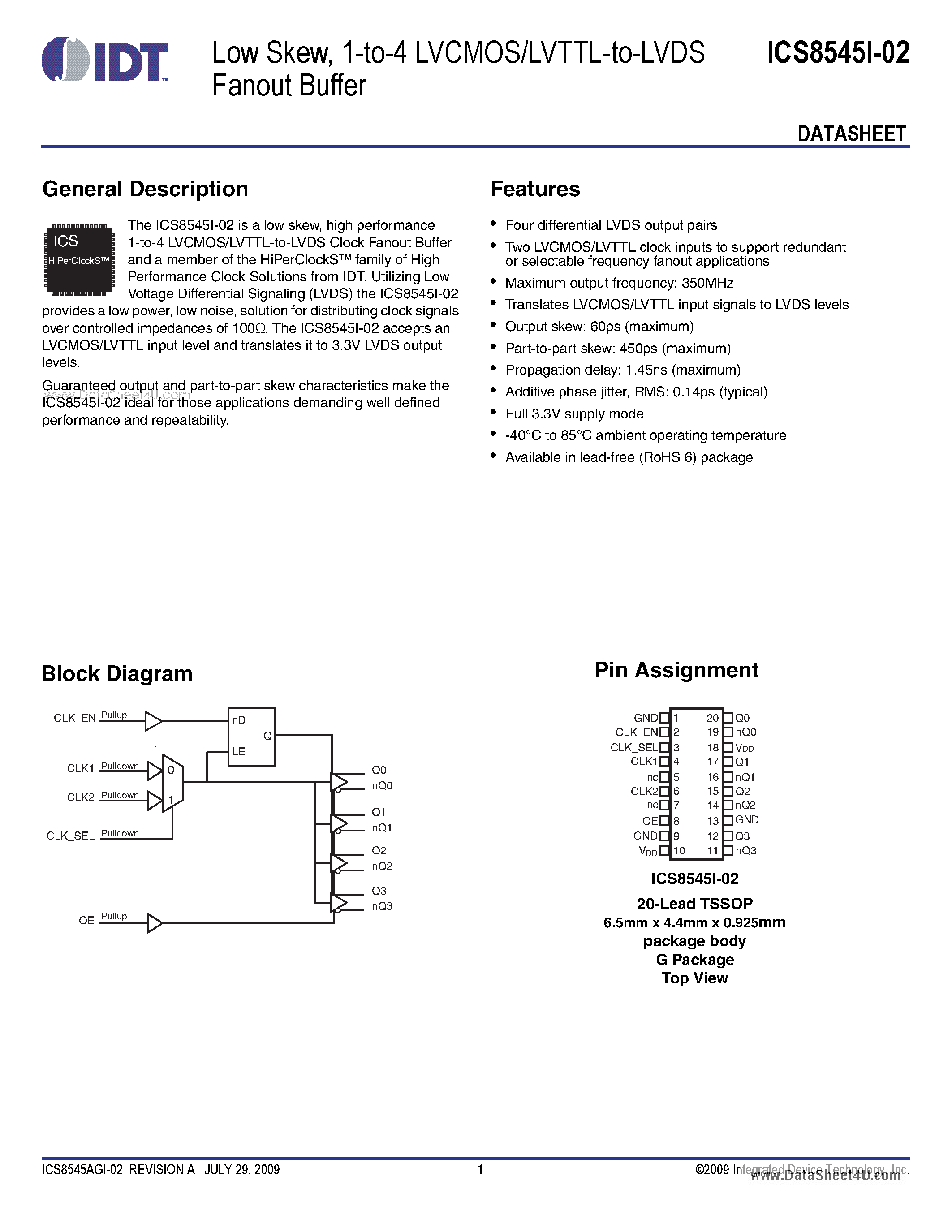 Datasheet ICS8545I-02 - 1-to-4 LVCMOS/LVTTL-to-LVDS Fanout Buffer page 1