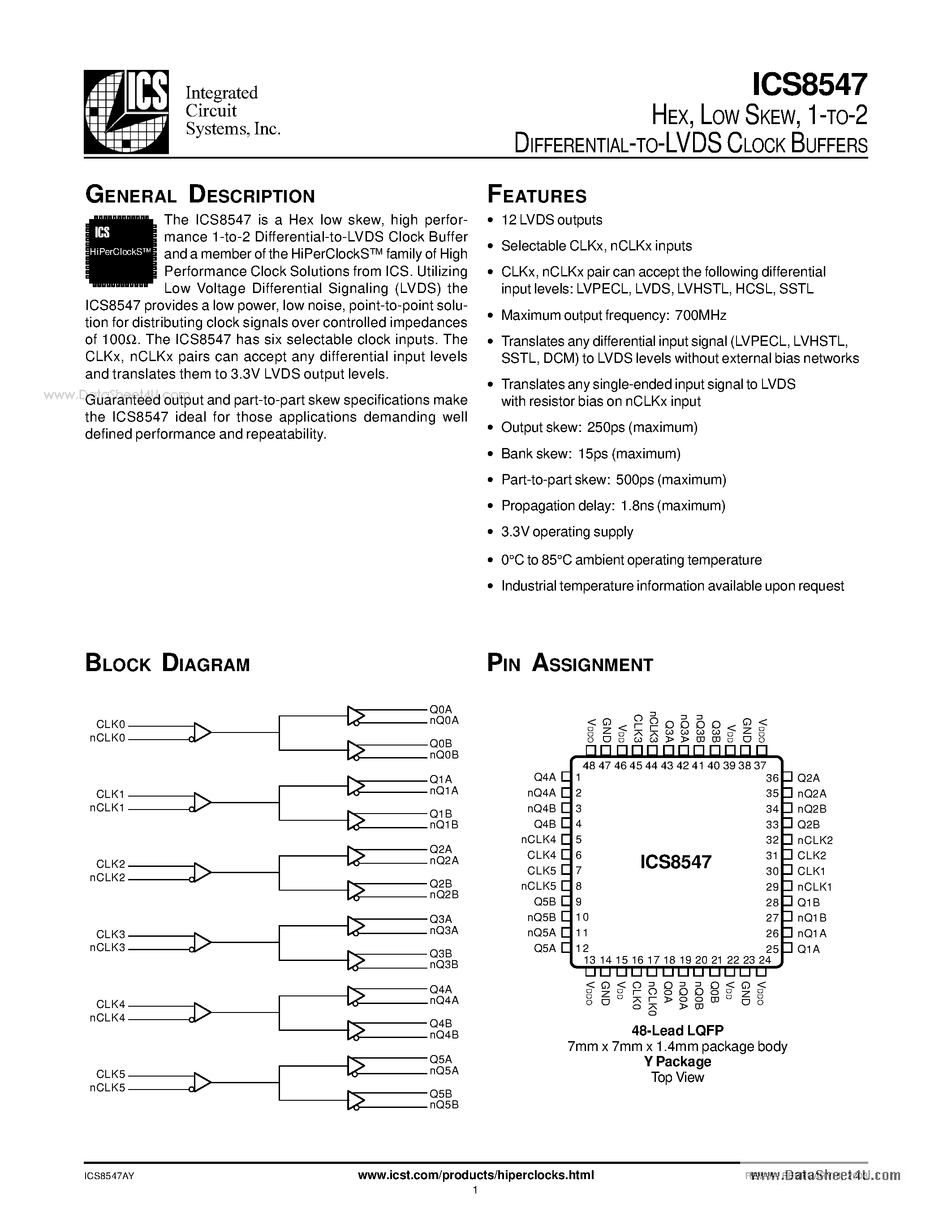 Datasheet ICS8547 page 1 Datasheet ICS8547 - 1-TO-2 DIFFERENTIAL-TO-LVDS CLOCK BUFFERS page 1