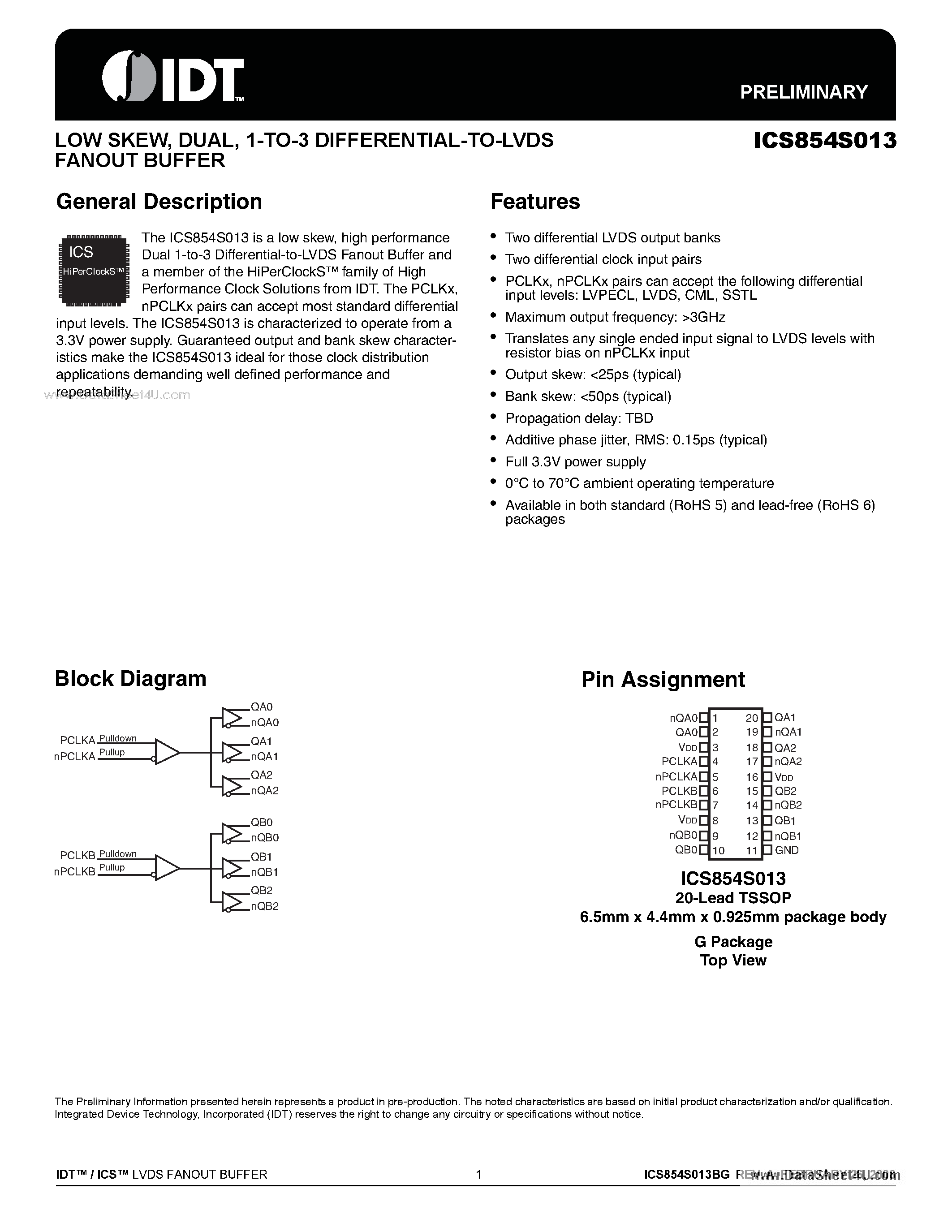 Datasheet ICS854S013 - 1-TO-3 DIFFERENTIAL-TO-LVDS FANOUT BUFFER page 1