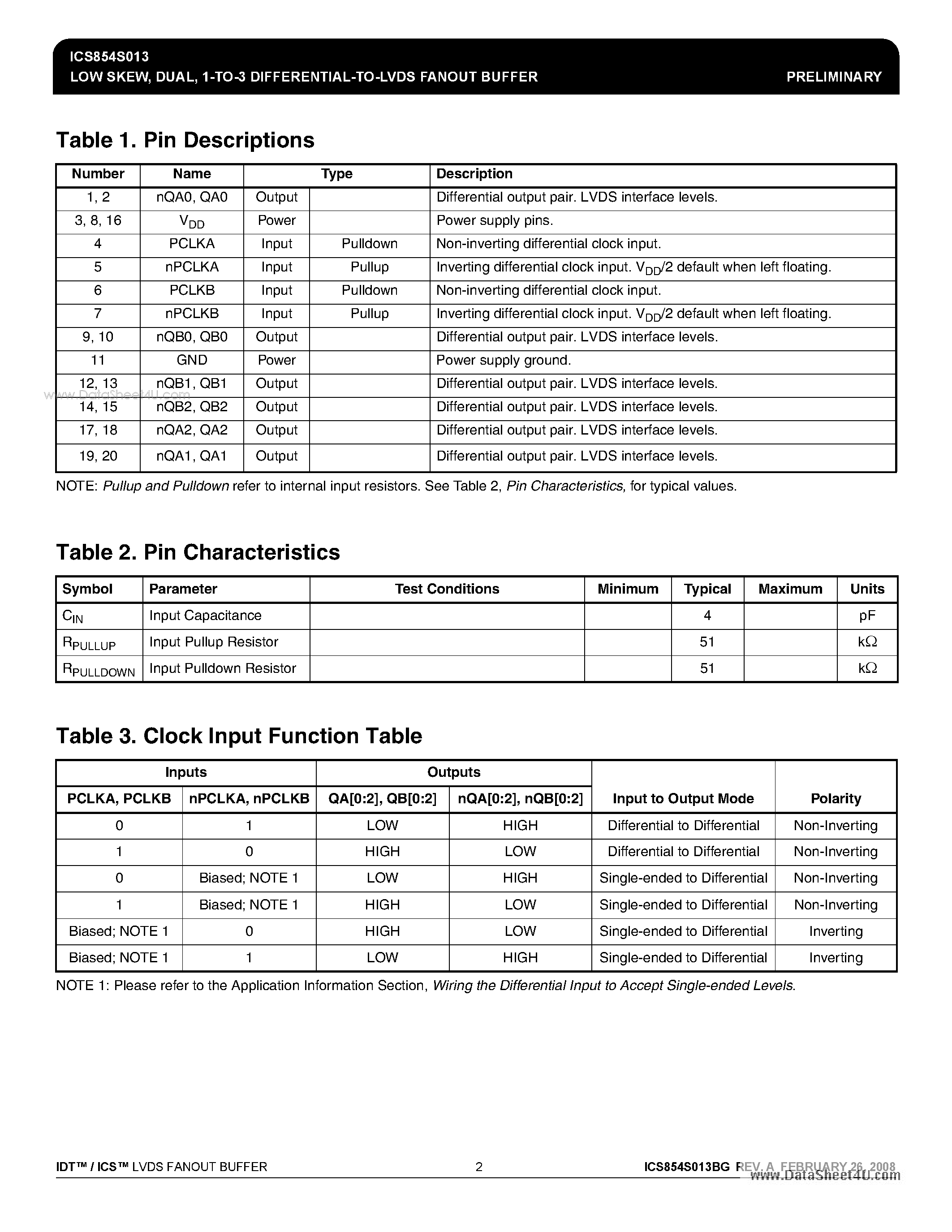 Datasheet ICS854S013 - 1-TO-3 DIFFERENTIAL-TO-LVDS FANOUT BUFFER page 2