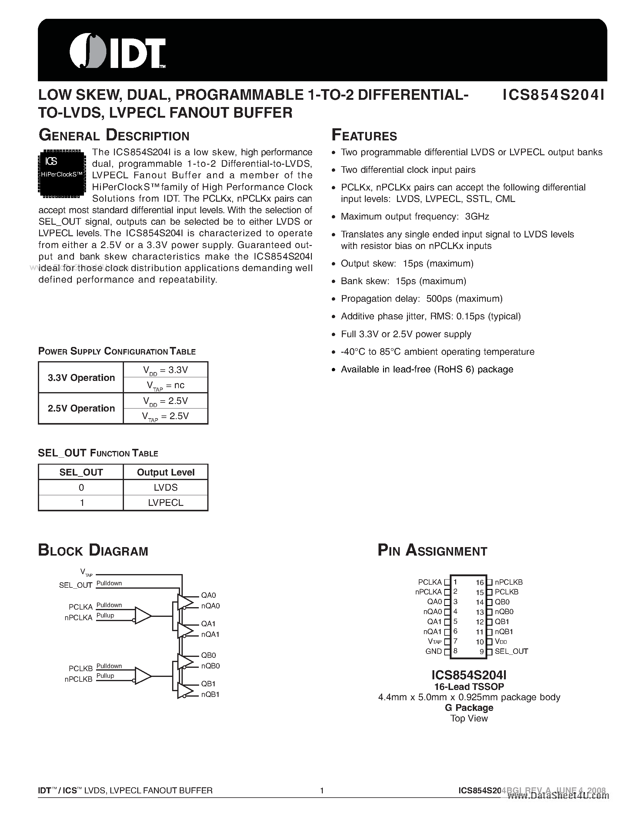 Datasheet ICS854S204I - LVPECL FANOUT BUFFER page 1