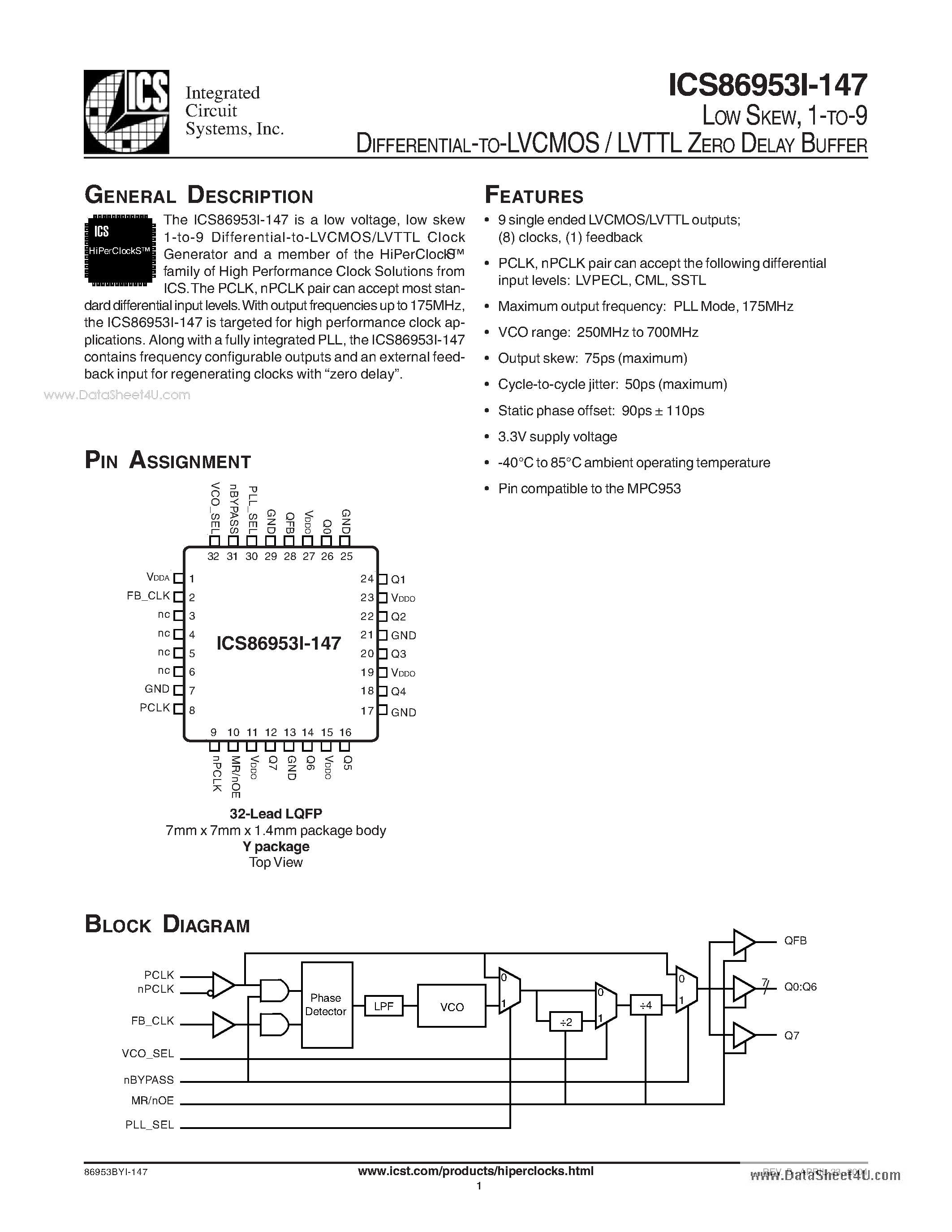 Даташит ICS86953I-147 - 1-TO-9 DIFFERENTIAL-TO-LVCMOS / LVTTL ZERO DELAY BUFFER страница 1