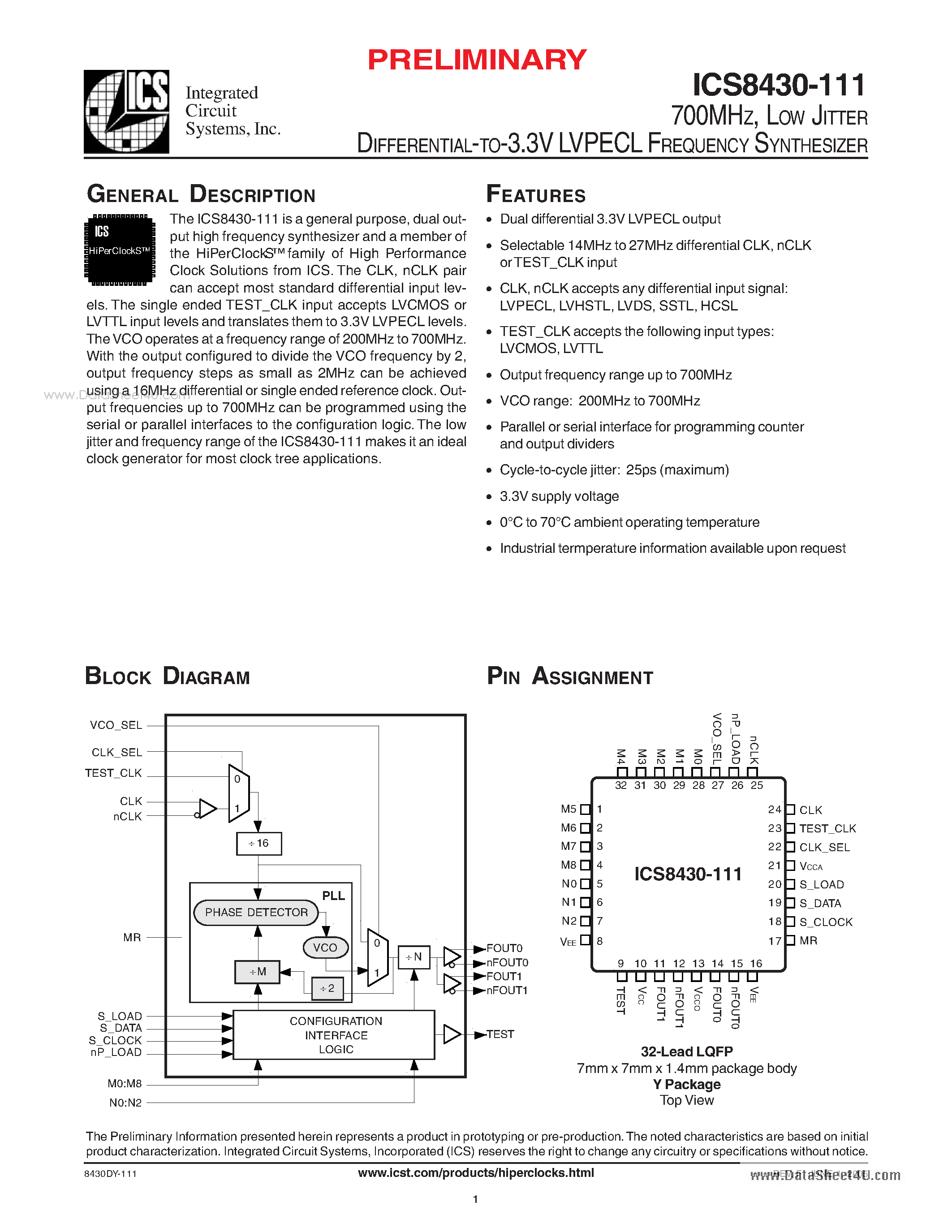 Даташит ICS8430-111 - LOW JITTER DIFFERENTIAL-TO-3.3V LVPECL FREQUENCY SYNTHESIZER страница 1