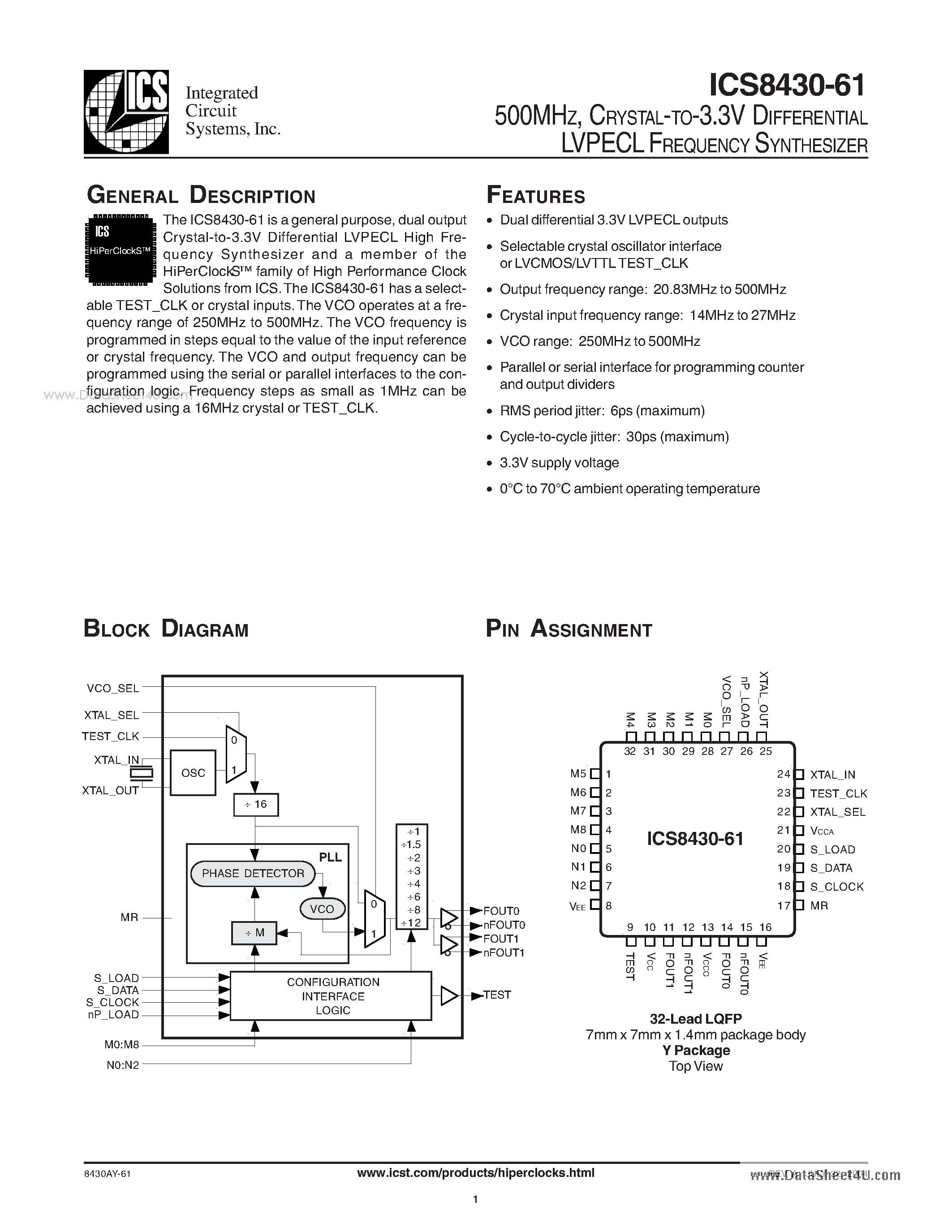 Даташит ICS8430-61 - CRYSTAL-TO-3.3V DIFFERENTIAL LVPECL FREQUENCY SYNTHESIZER страница 1