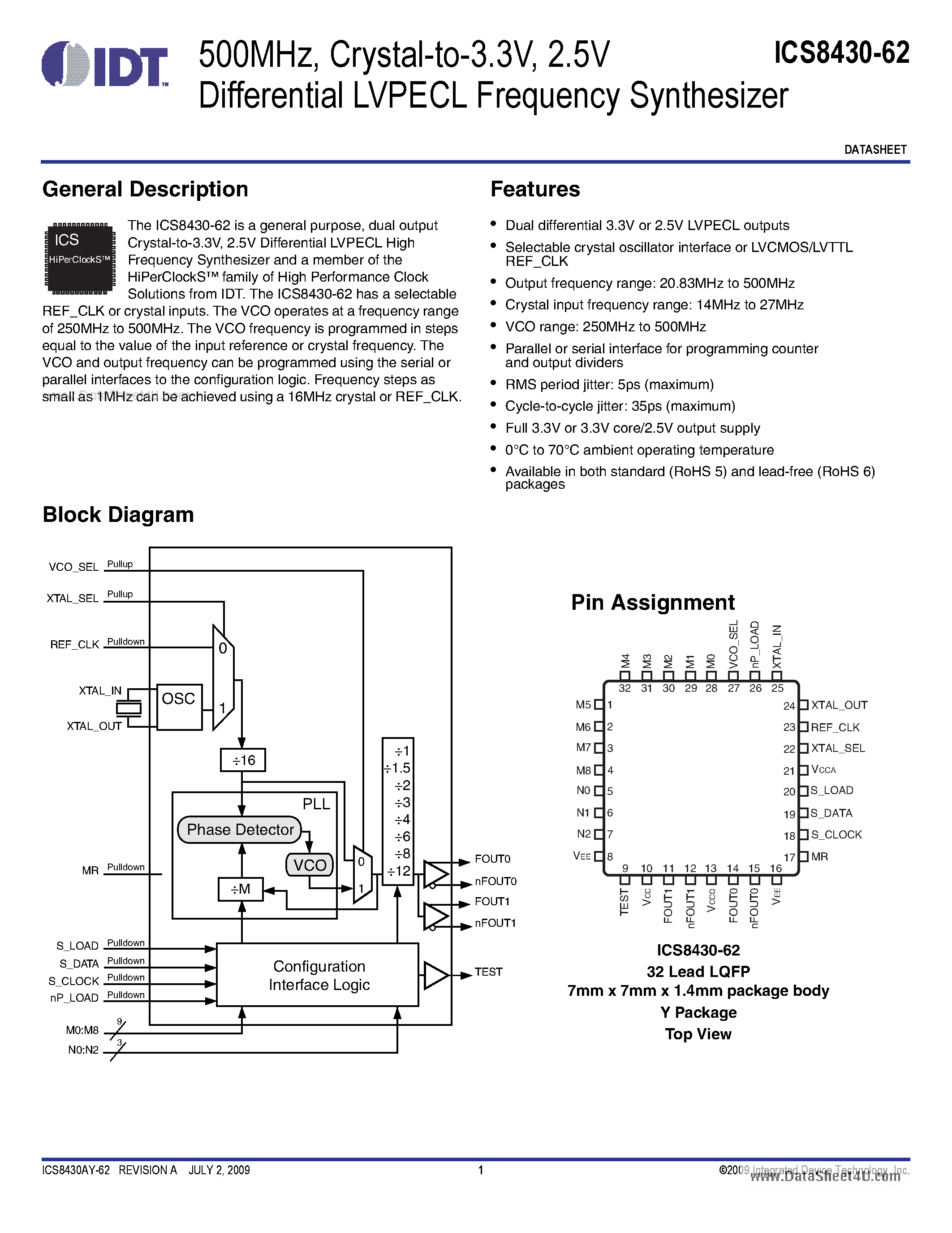 Datasheet ICS8430-62 page 1 Datasheet ICS8430-62 - 2.5V Differential LVPECL Frequency Synthesizer page 1