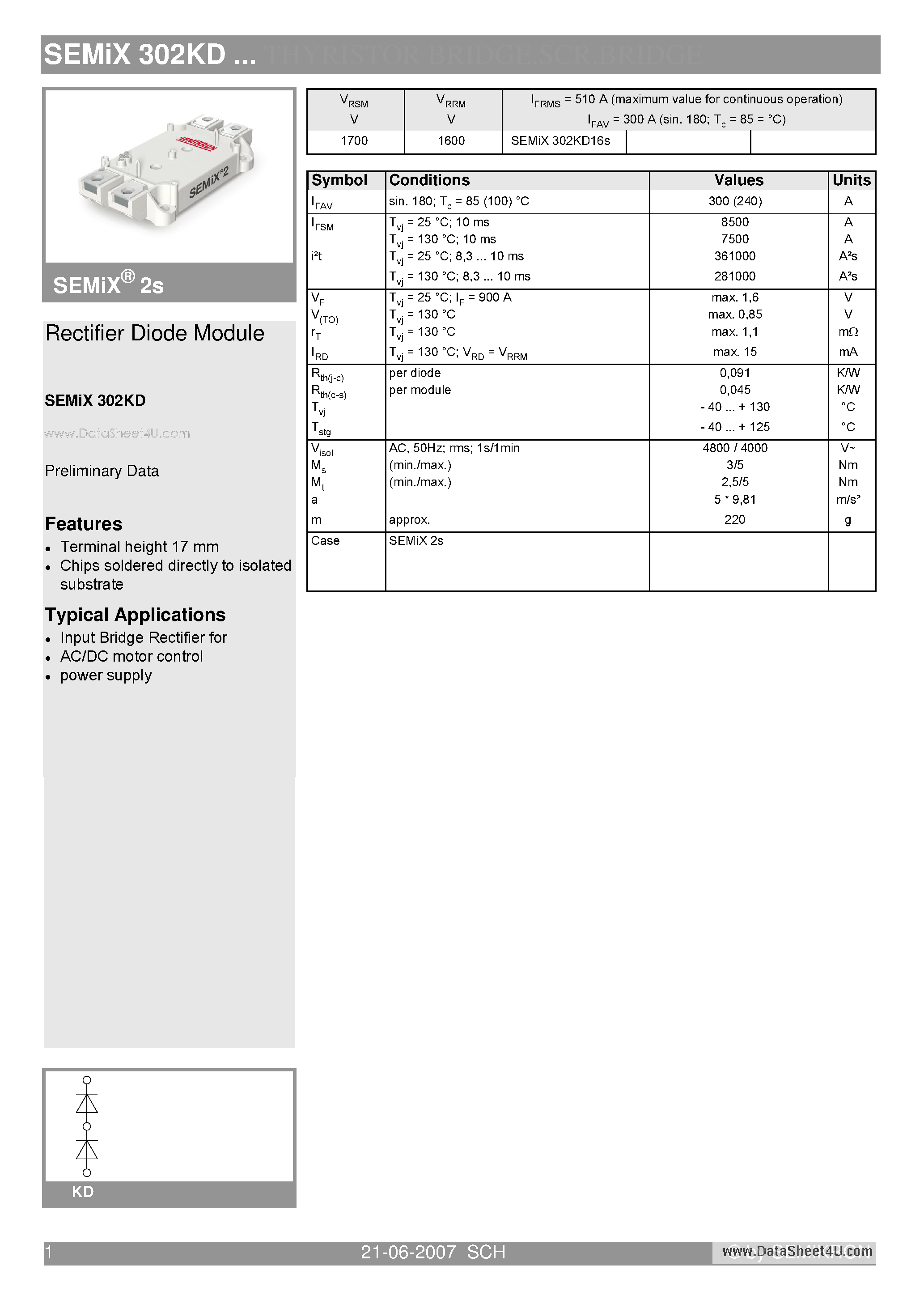 Datasheet SEMIX302KD page 1 Datasheet SEMIX302KD - Rectifier Diode Module page 1