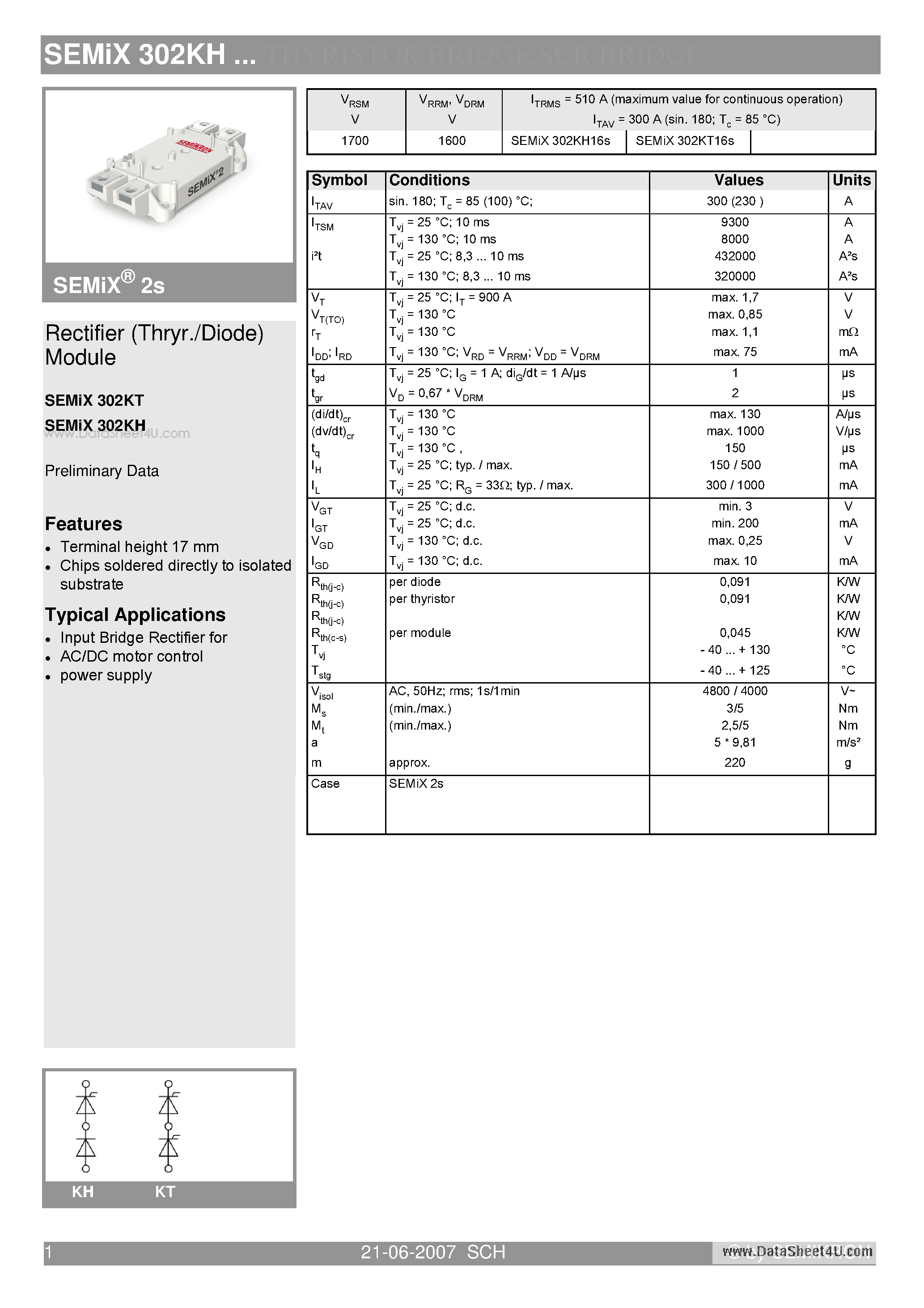 Datasheet SEMIX302KH page 1 Datasheet SEMIX302KH - Rectifier (Thryr./Diode) Module page 1