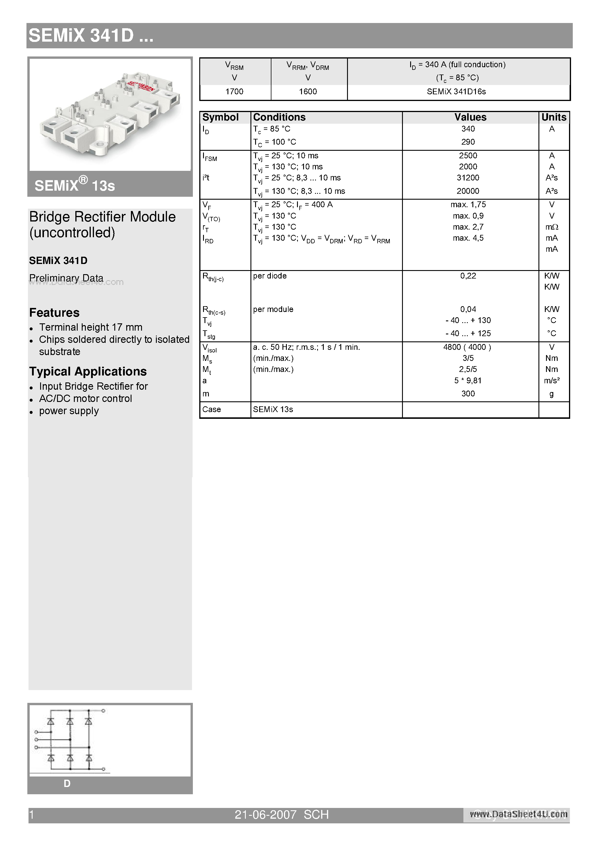 Datasheet SEMIX341D - Bridge Rectifier Module (uncontrolled) page 1