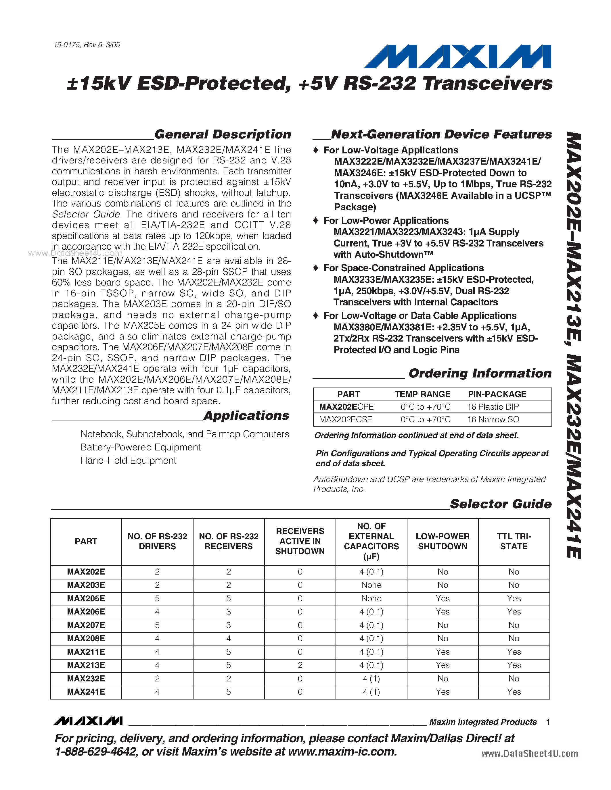 Даташит MAX202E - +5V RS-232 Transceivers страница 1