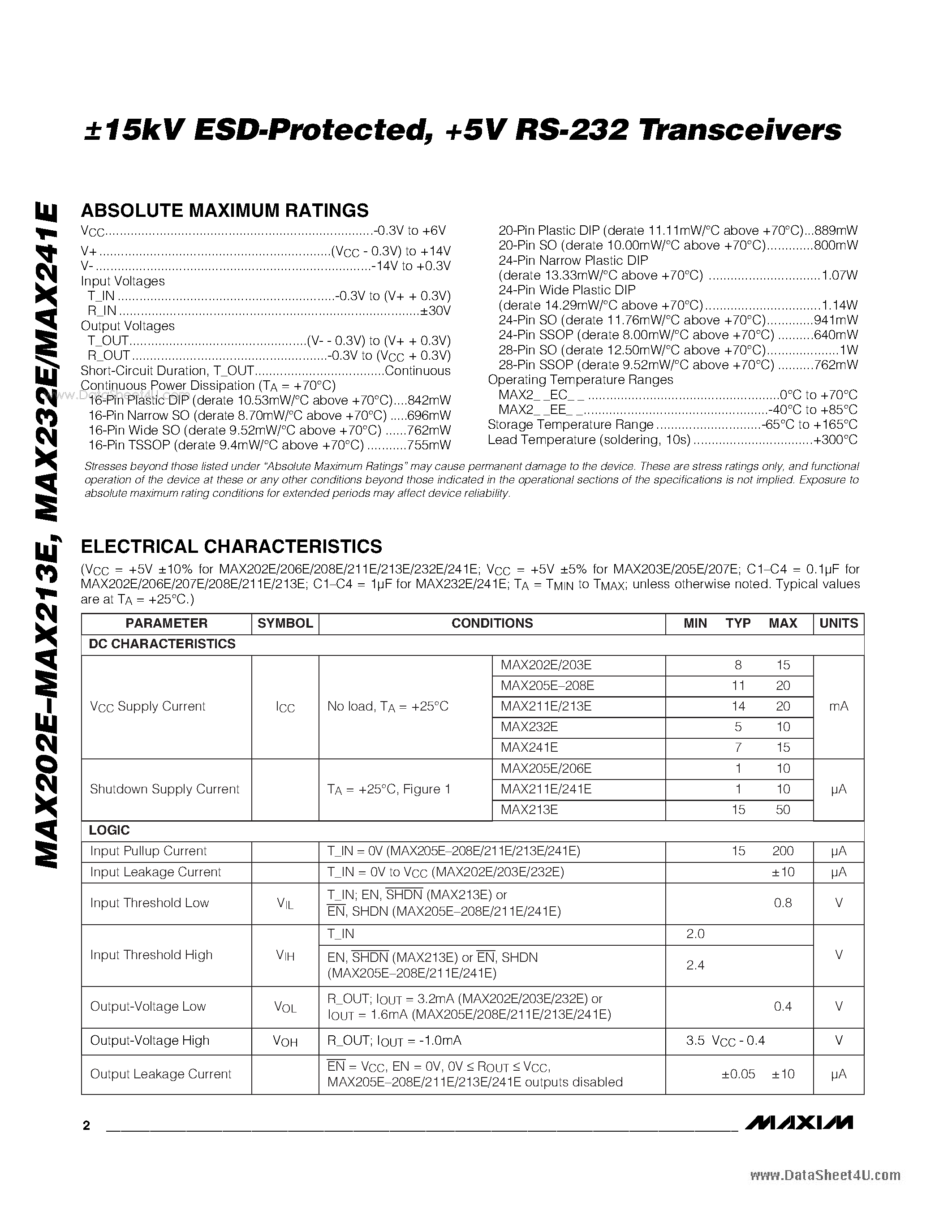Даташит MAX202E - +5V RS-232 Transceivers страница 2