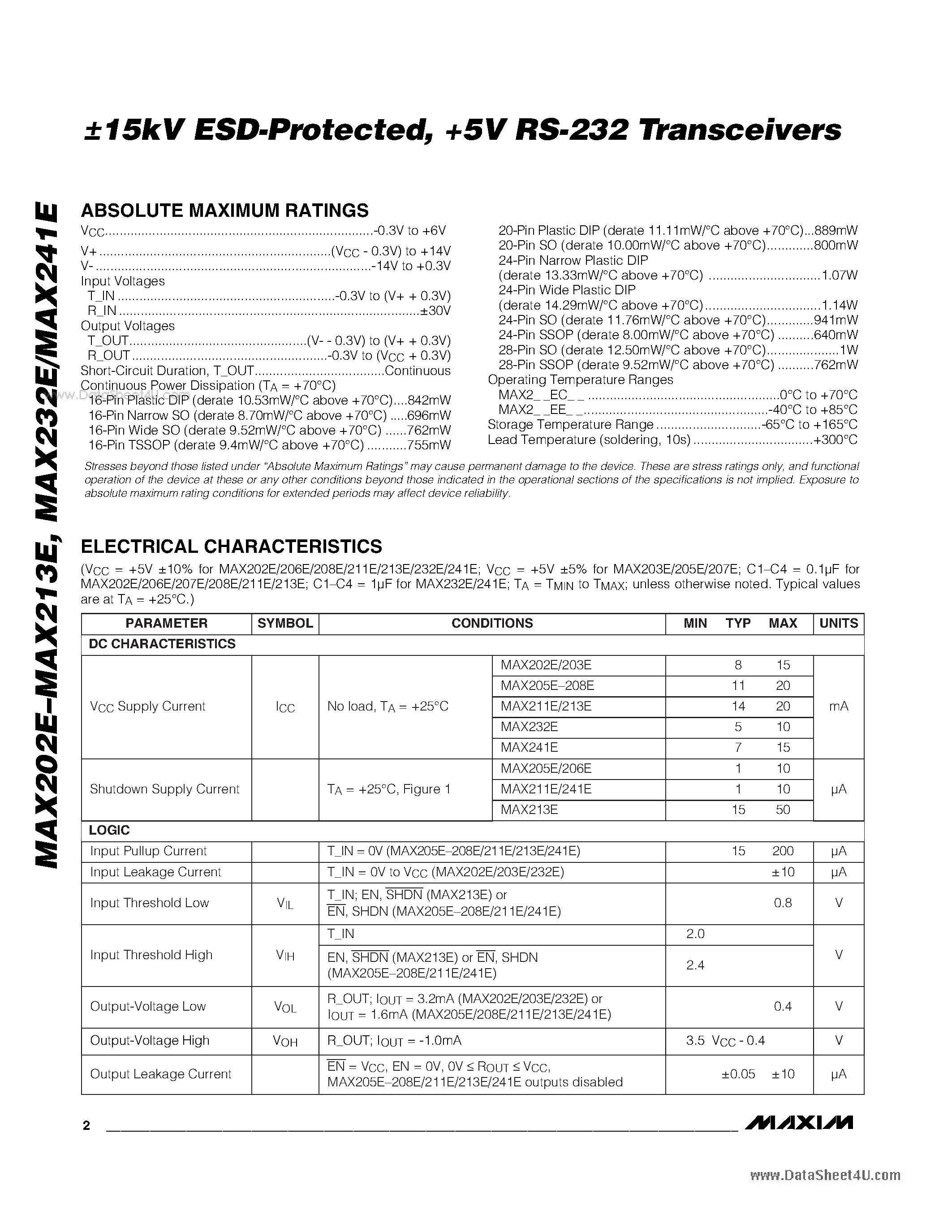 Datasheet MAX202E - +5V RS-232 Transceivers page 2