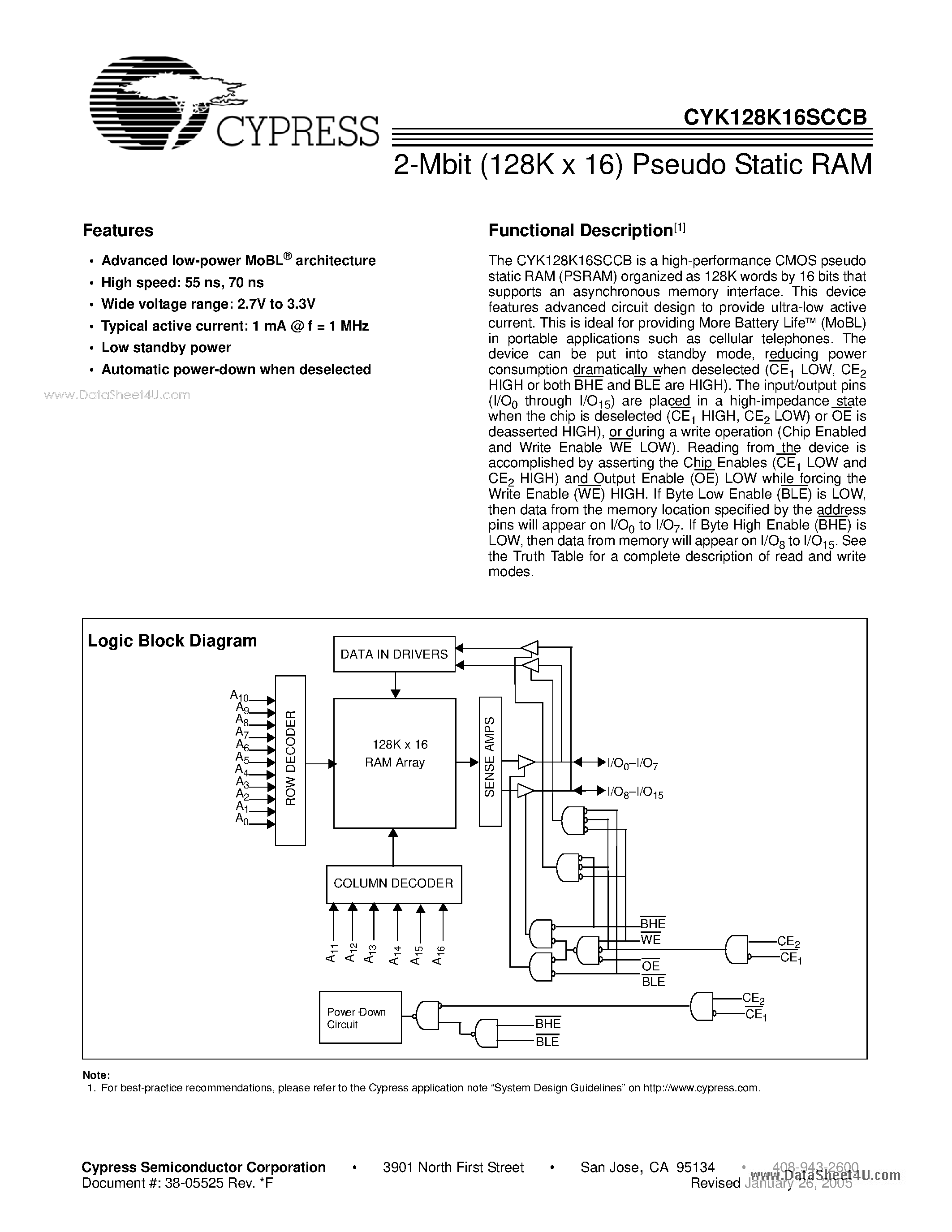 Даташит CYK128K16SCCB - 2-Mbit (128K x 16) Pseudo Static RAM страница 1